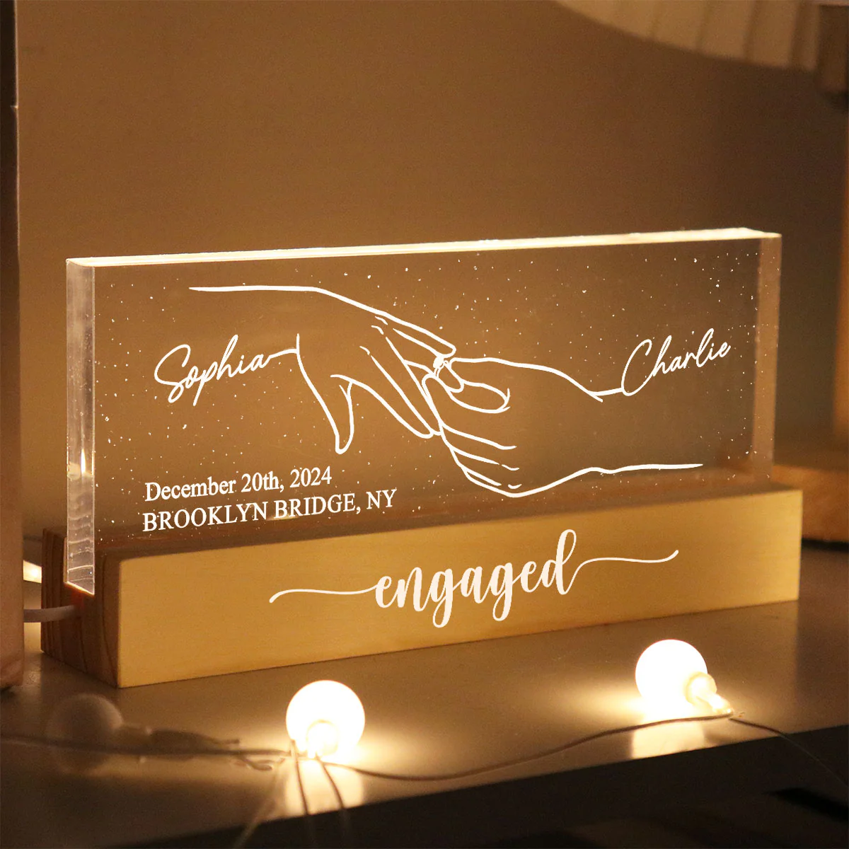 Engagement Keepsake Couple Hands Outline Personalized Block LED Plaque - Image 3