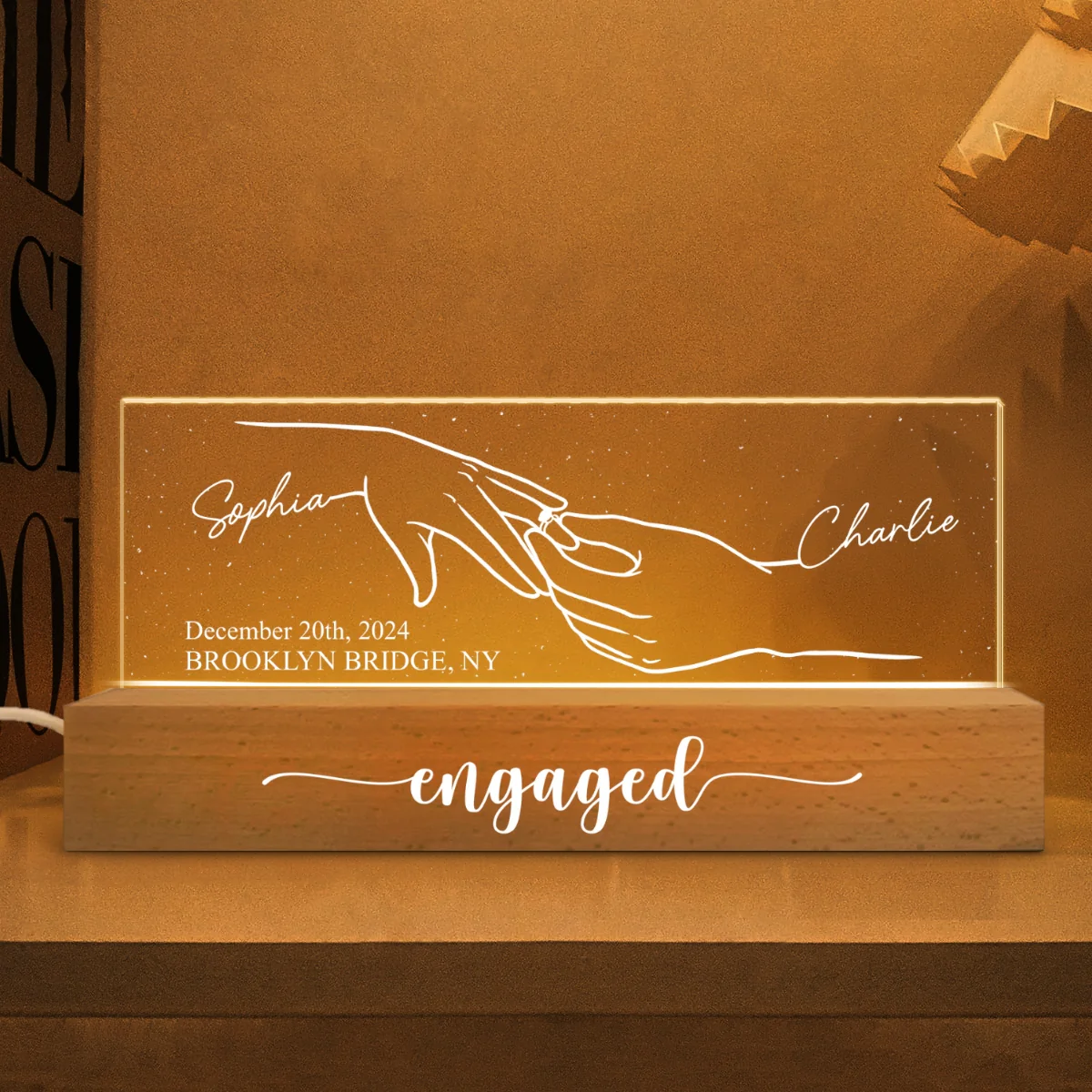 Engagement Keepsake Couple Hands Outline Personalized Block LED Plaque - Image 5