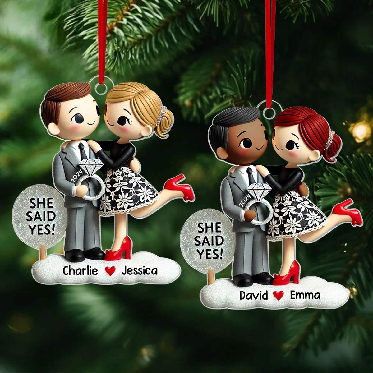 Engagement Ornament She Said Yes Personalized Couple's Engagement Christmas, 2D Flat Acrylic Ornament - Image 2
