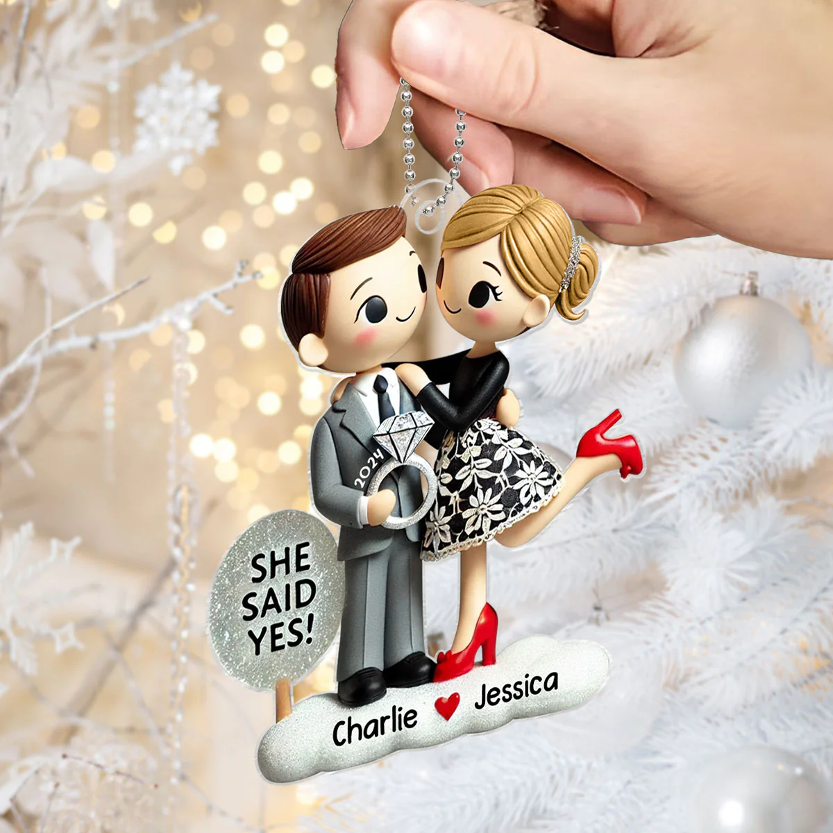 Engagement Ornament She Said Yes Personalized Couple's Engagement Christmas, 2D Flat Acrylic Ornament - Image 3