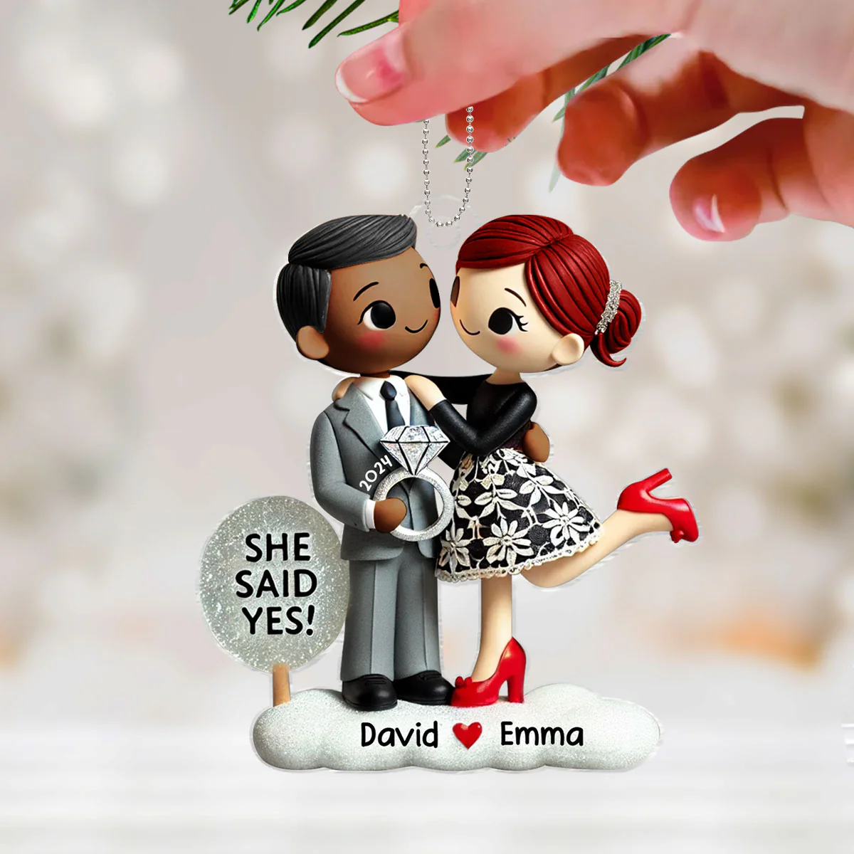 Engagement Ornament She Said Yes Personalized Couple's Engagement Christmas, 2D Flat Acrylic Ornament - Image 4