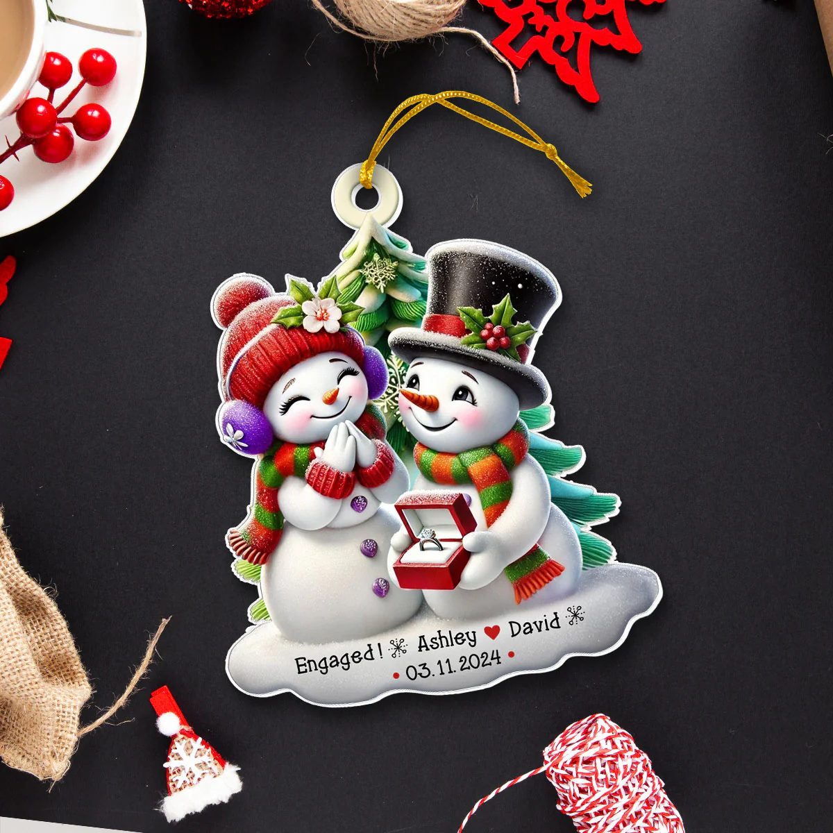 Engagement Snowman Couple Personalized Acrylic Ornament, Christmas Gift For Him, For Her, For The Couple - Image 6