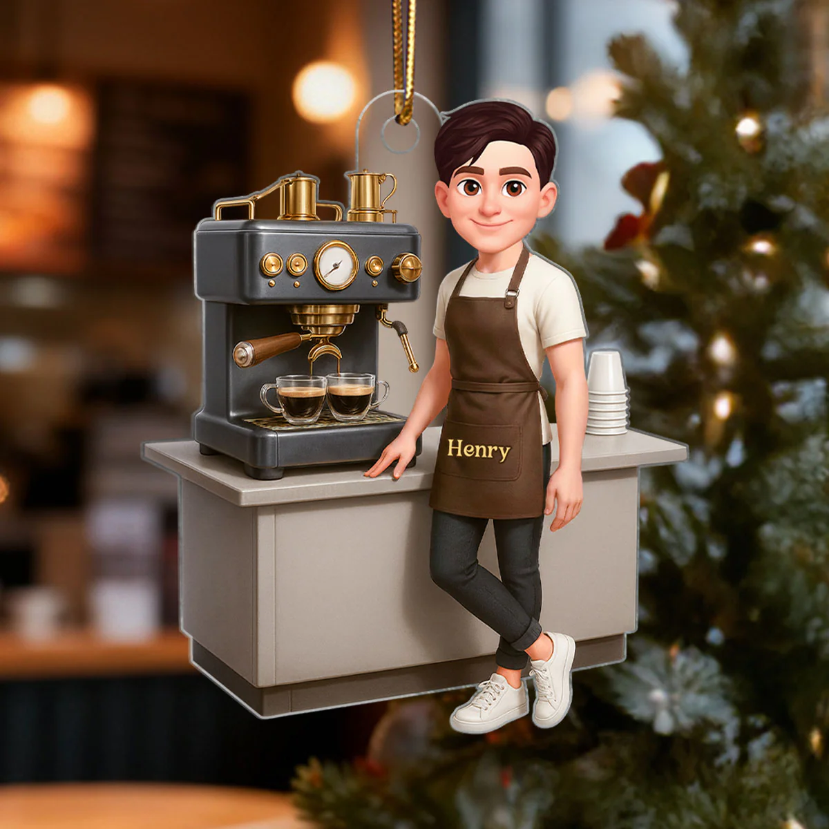 Espresso Machine Coffee Maker Diorama With Cups - Personalized Acrylic Ornament - Gift For Baristas And Coffee Lovers - Image 3