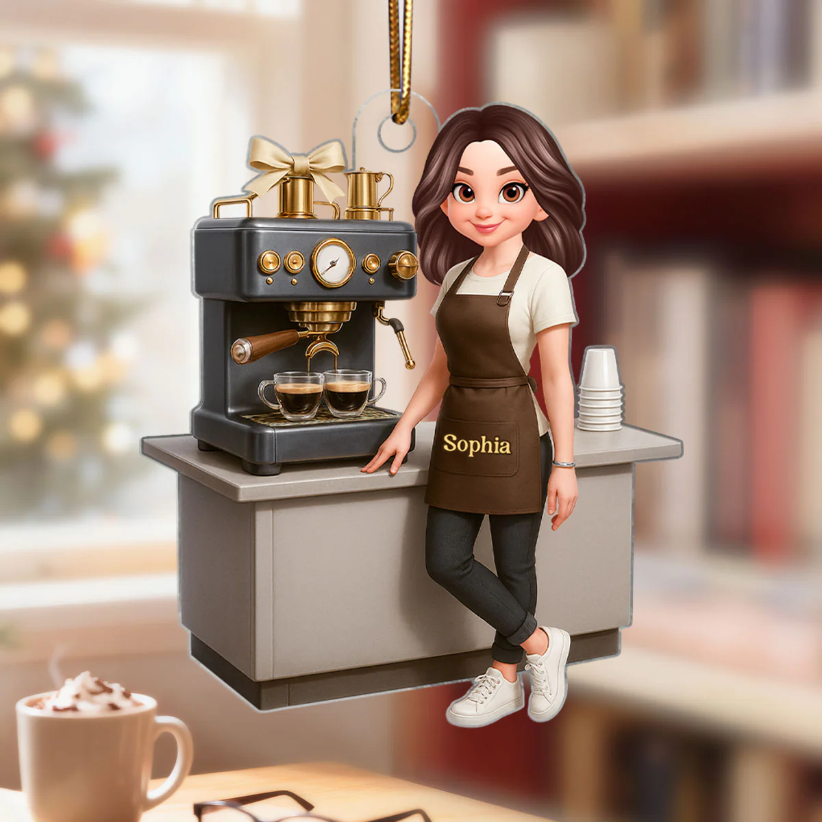 Espresso Machine Coffee Maker Diorama With Cups - Personalized Acrylic Ornament - Gift For Baristas And Coffee Lovers - Image 4