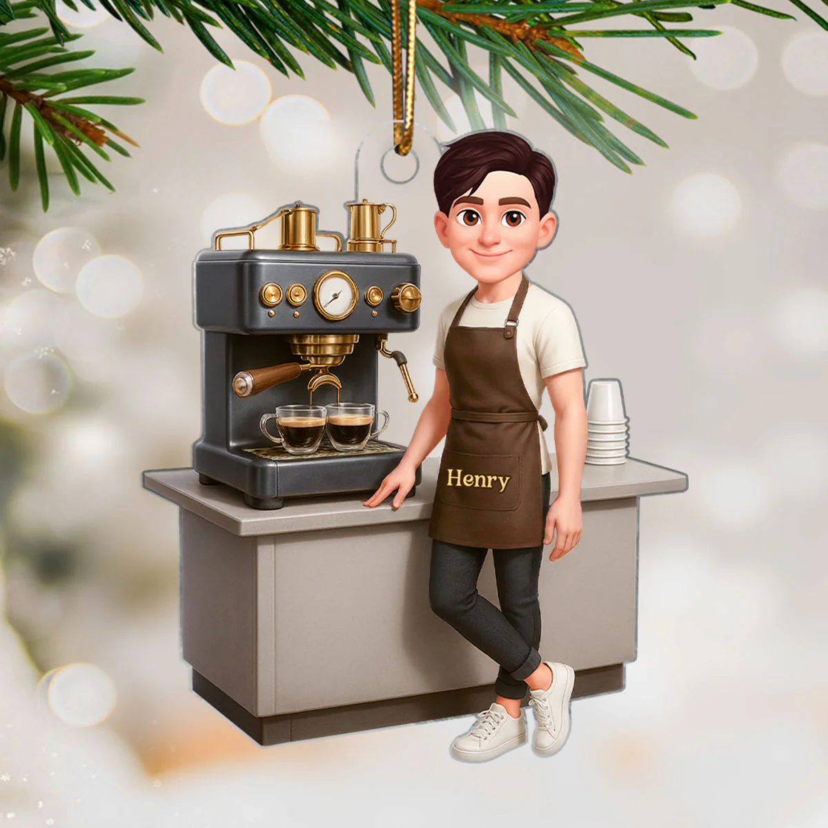 Espresso Machine Coffee Maker Diorama With Cups - Personalized Acrylic Ornament - Gift For Baristas And Coffee Lovers - Image 6
