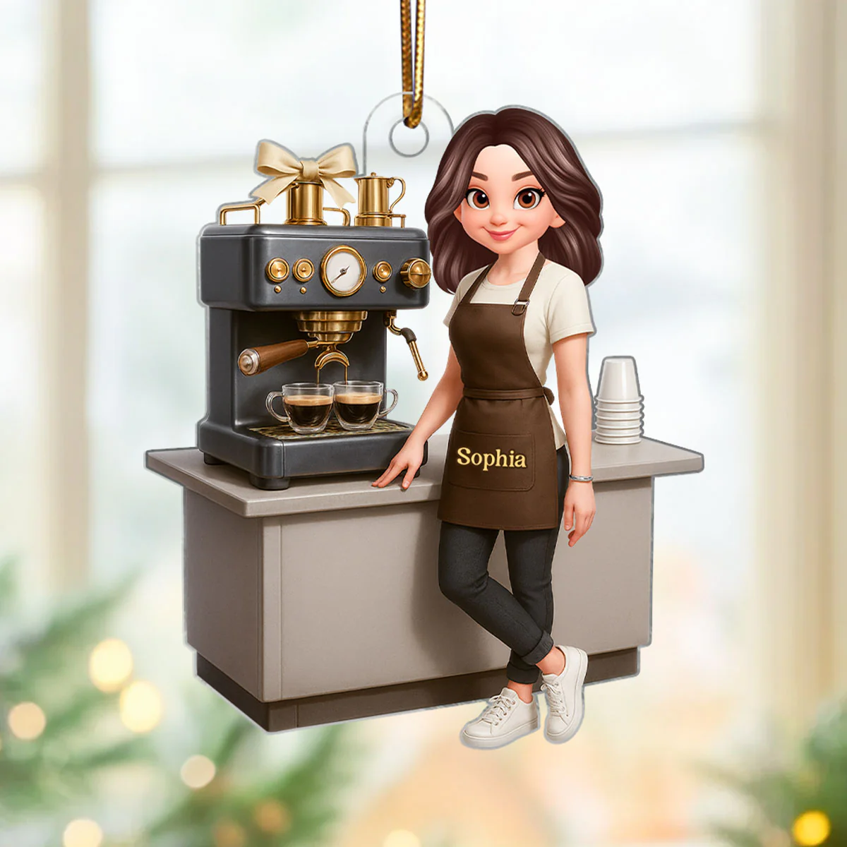 Espresso Machine Coffee Maker Diorama With Cups - Personalized Acrylic Ornament - Gift For Baristas And Coffee Lovers - Image 7