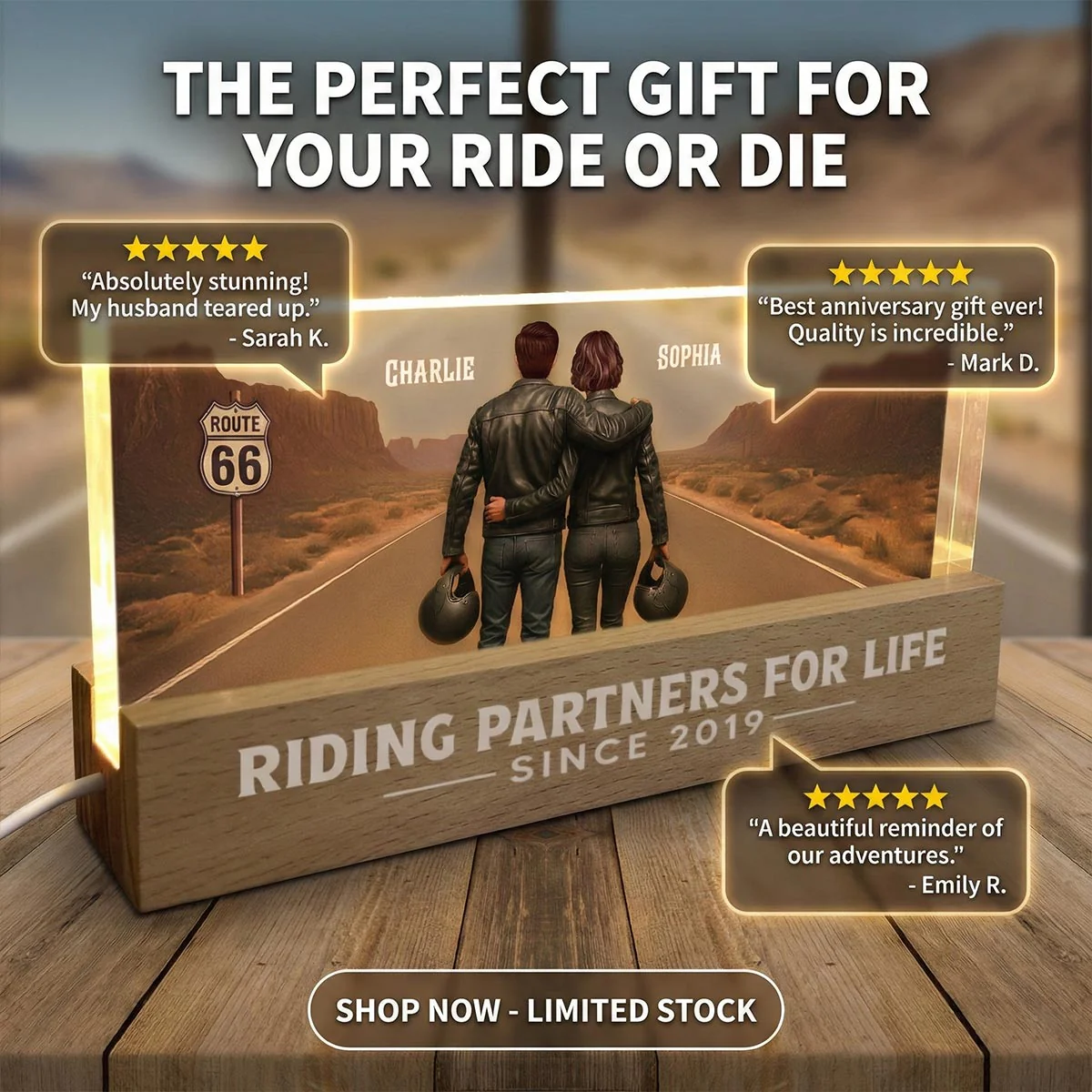 Eternal Love Back View Biker Couple Riding Partners For Life - Personalized Acrylic Block LED Night Light - Heartfelt Valentine's Day Gift, Anniversary Gift For Couple, Bikers, Gift For Him, For Her - Image 4