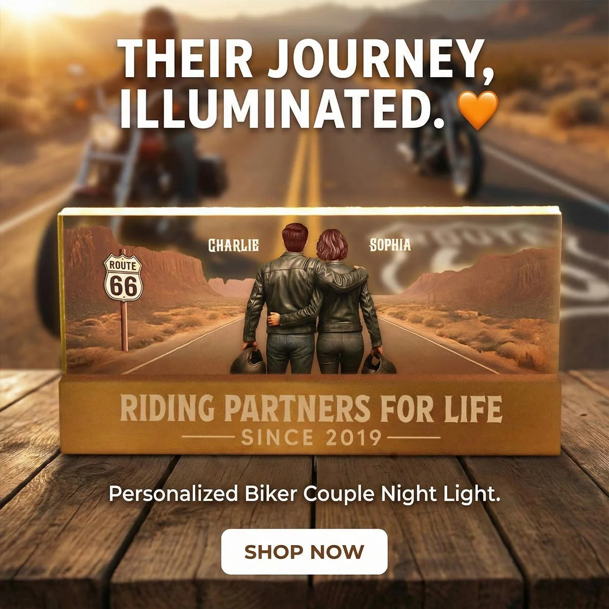 Eternal Love Back View Biker Couple Riding Partners For Life - Personalized Acrylic Block LED Night Light - Heartfelt Valentine's Day Gift, Anniversary Gift For Couple, Bikers, Gift For Him, For Her - Image 5