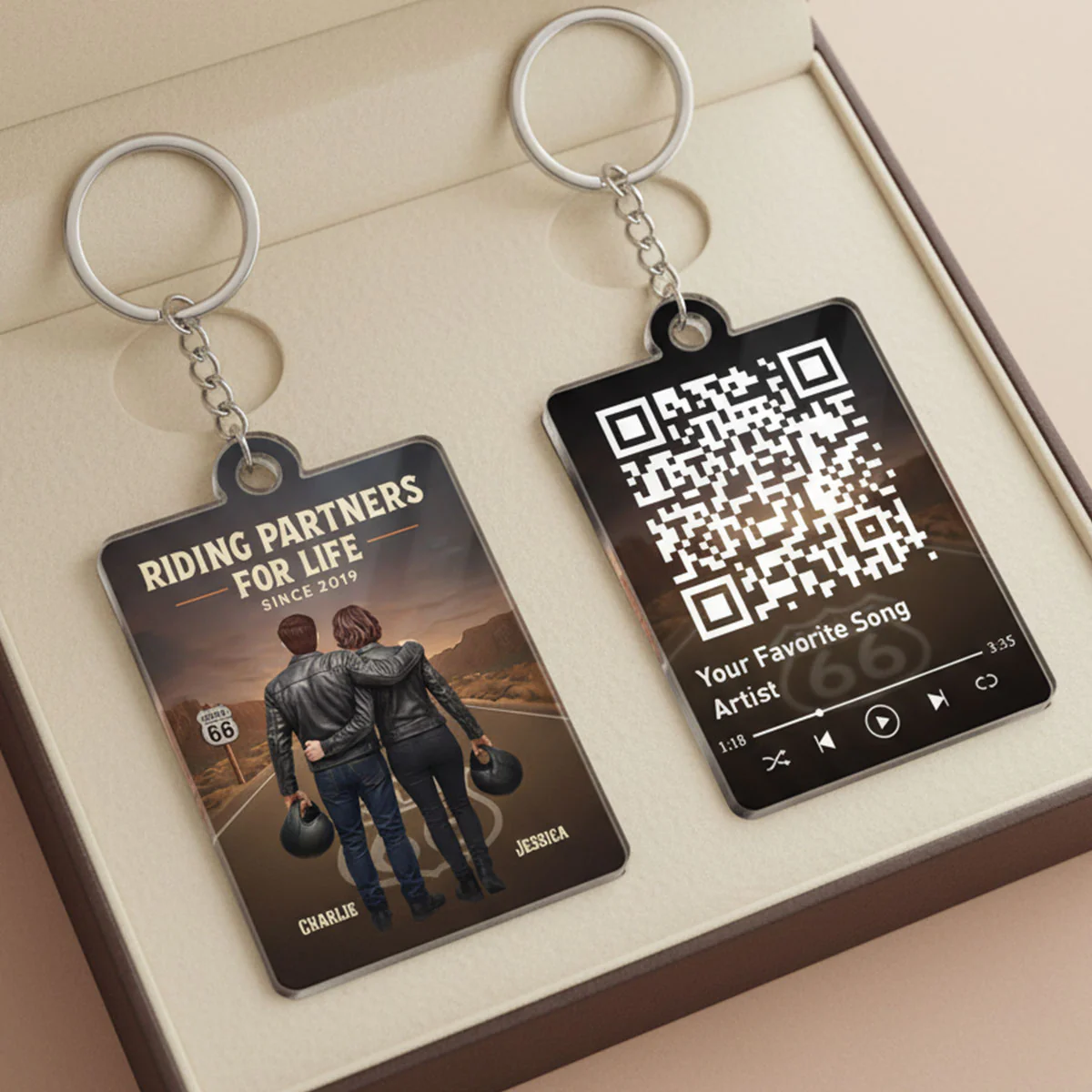Eternal Love Back View Biker Couple Riding Partners For Life - Personalized Acrylic Keychain - Gift For Couple, Bikers, Scannable QR Code Favorite Song - Image 2