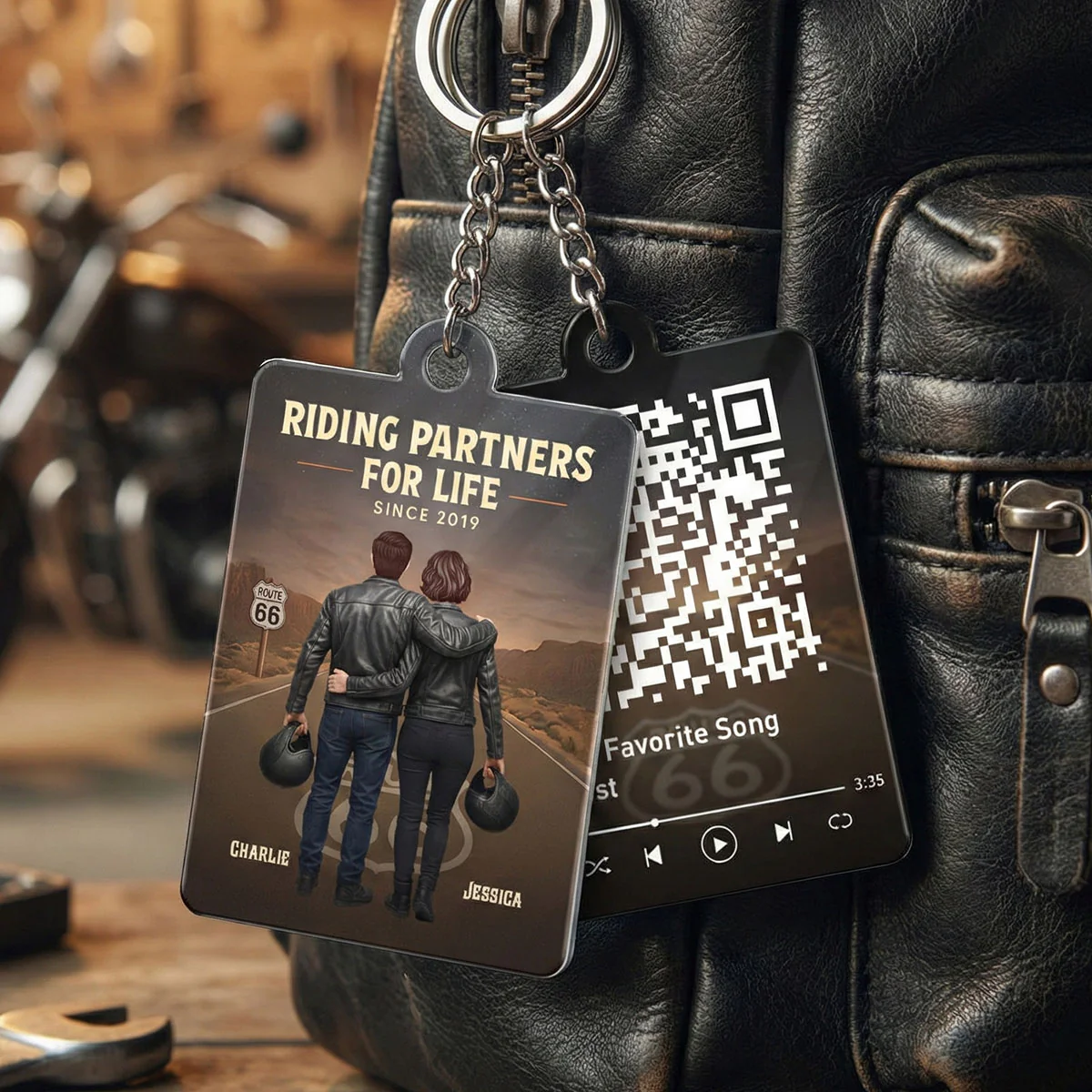 Eternal Love Back View Biker Couple Riding Partners For Life - Personalized Acrylic Keychain - Gift For Couple, Bikers, Scannable QR Code Favorite Song - Image 3