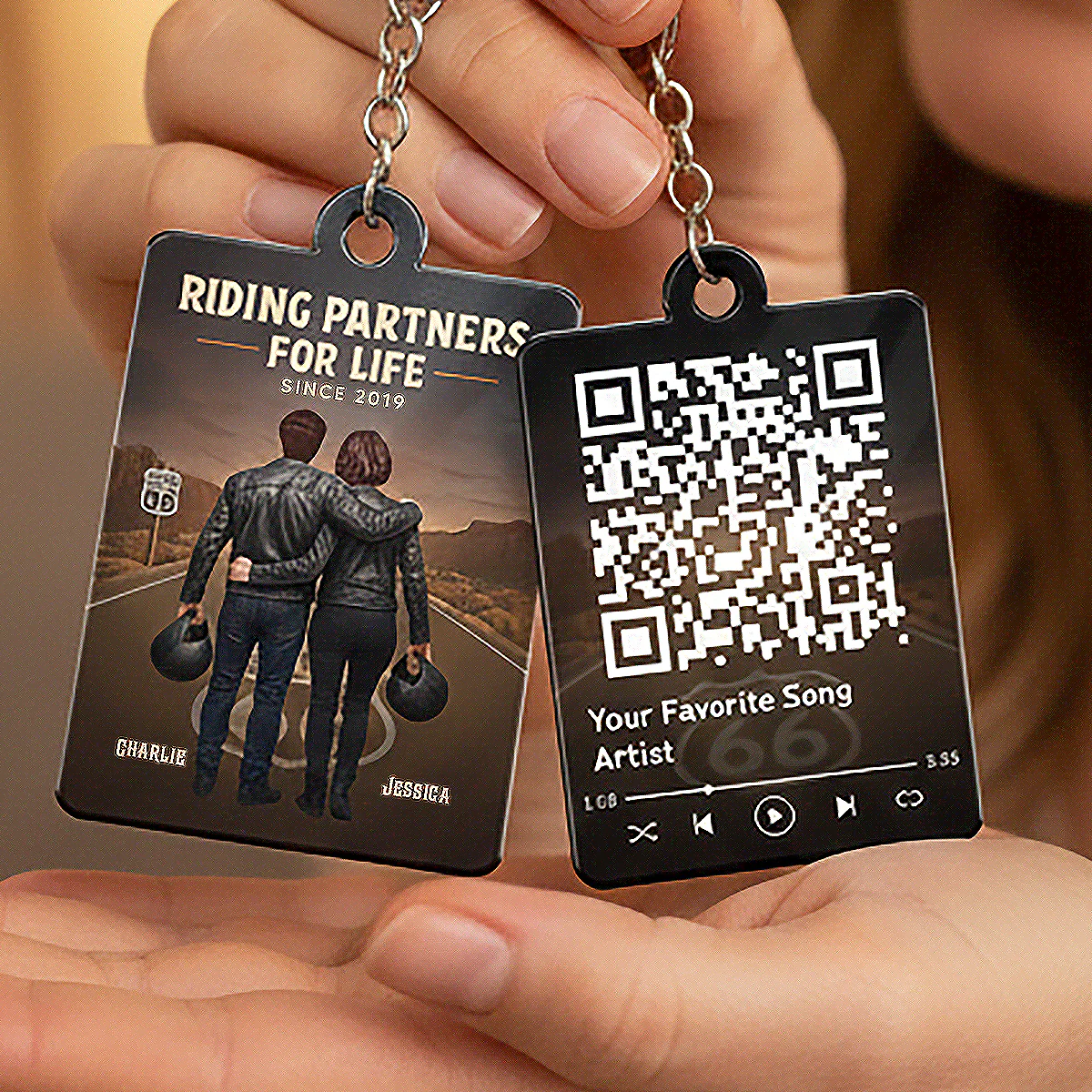 Eternal Love Back View Biker Couple Riding Partners For Life - Personalized Acrylic Keychain - Gift For Couple, Bikers, Scannable QR Code Favorite Song - Image 6