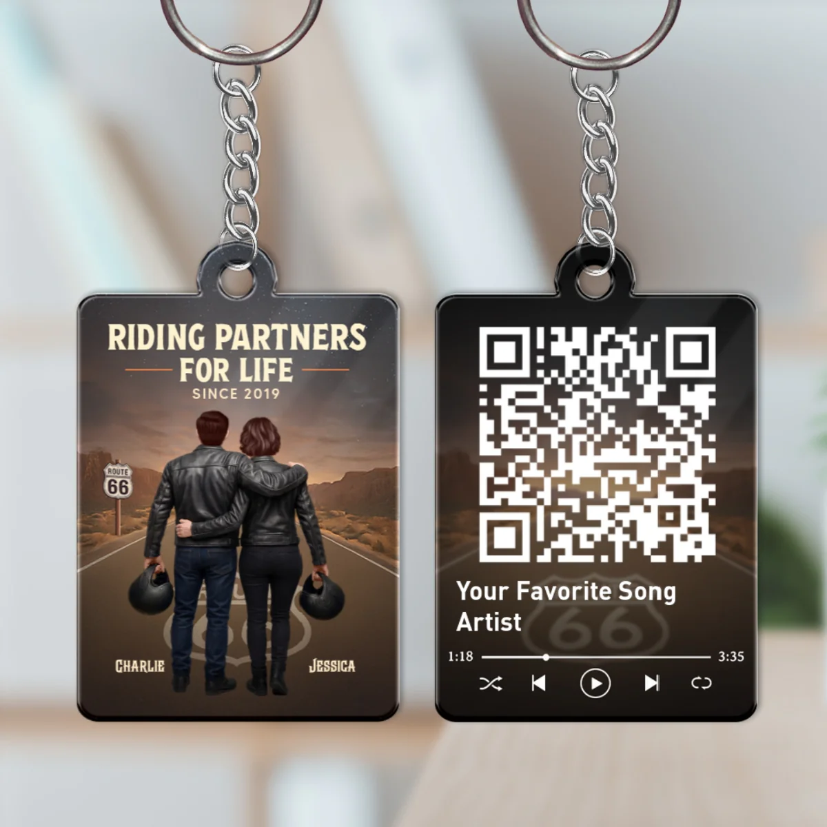 Eternal Love Back View Biker Couple Riding Partners For Life - Personalized Acrylic Keychain - Gift For Couple, Bikers, Scannable QR Code Favorite Song - Image 7