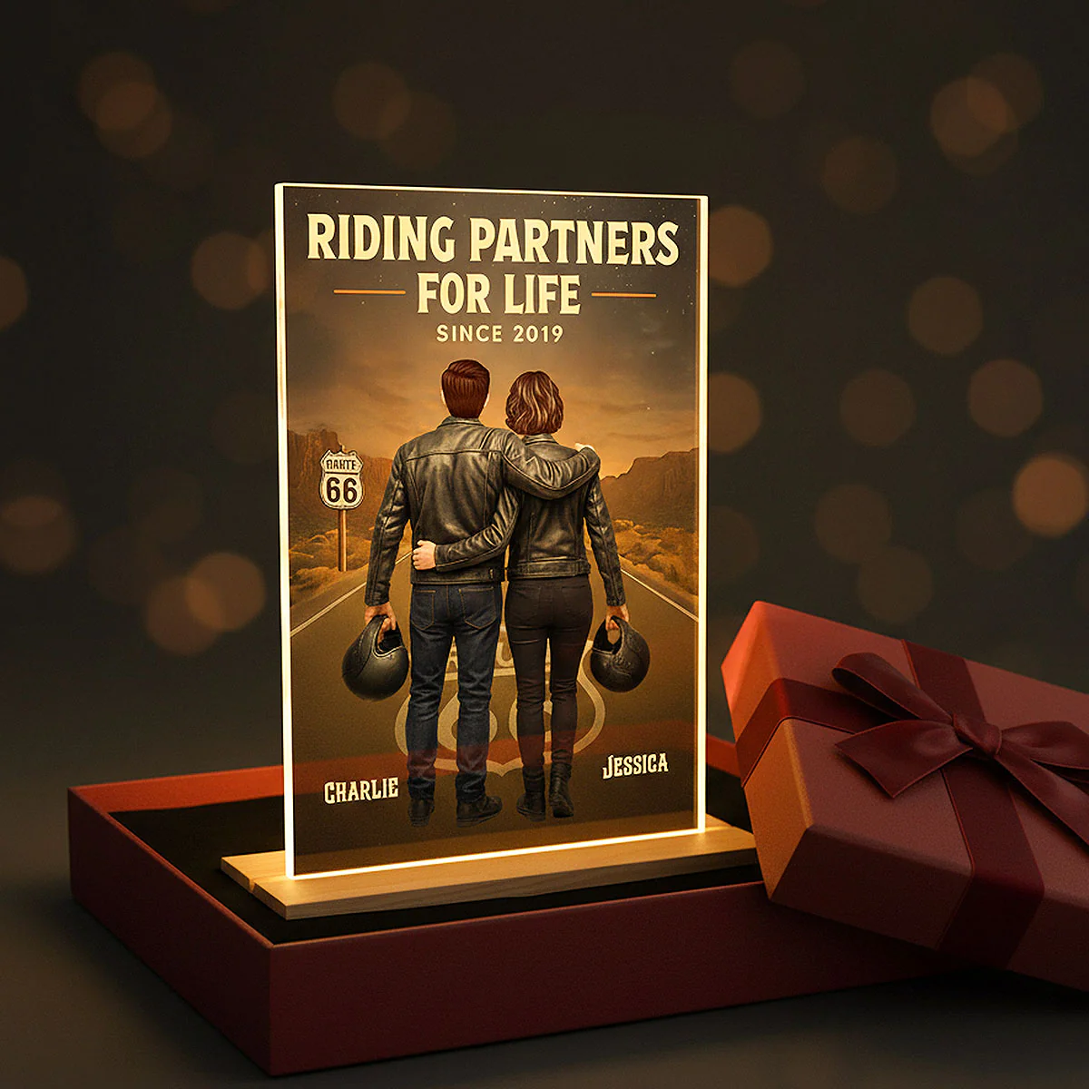Eternal Love Back View Biker Couple Riding Partners For Life - Personalized Acrylic Plaque LED Night Light - Gift For Couple, Bikers, Gift For Him, For Her - Image 2