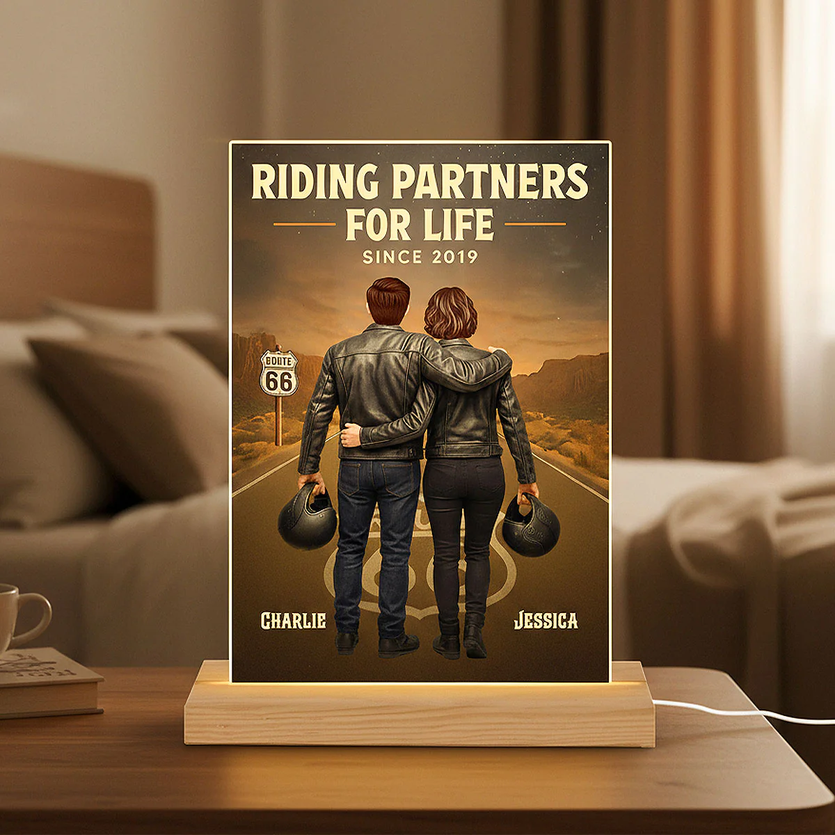 Eternal Love Back View Biker Couple Riding Partners For Life - Personalized Acrylic Plaque LED Night Light - Gift For Couple, Bikers, Gift For Him, For Her - Image 3