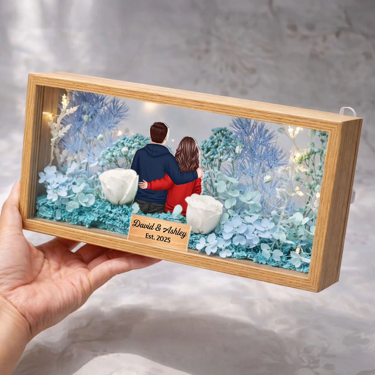 Eternal Love Back View Couple - Personalized DIY Flower Shadow Box LED Night Light - Gift For Couple, For Him, For Her - Image 4