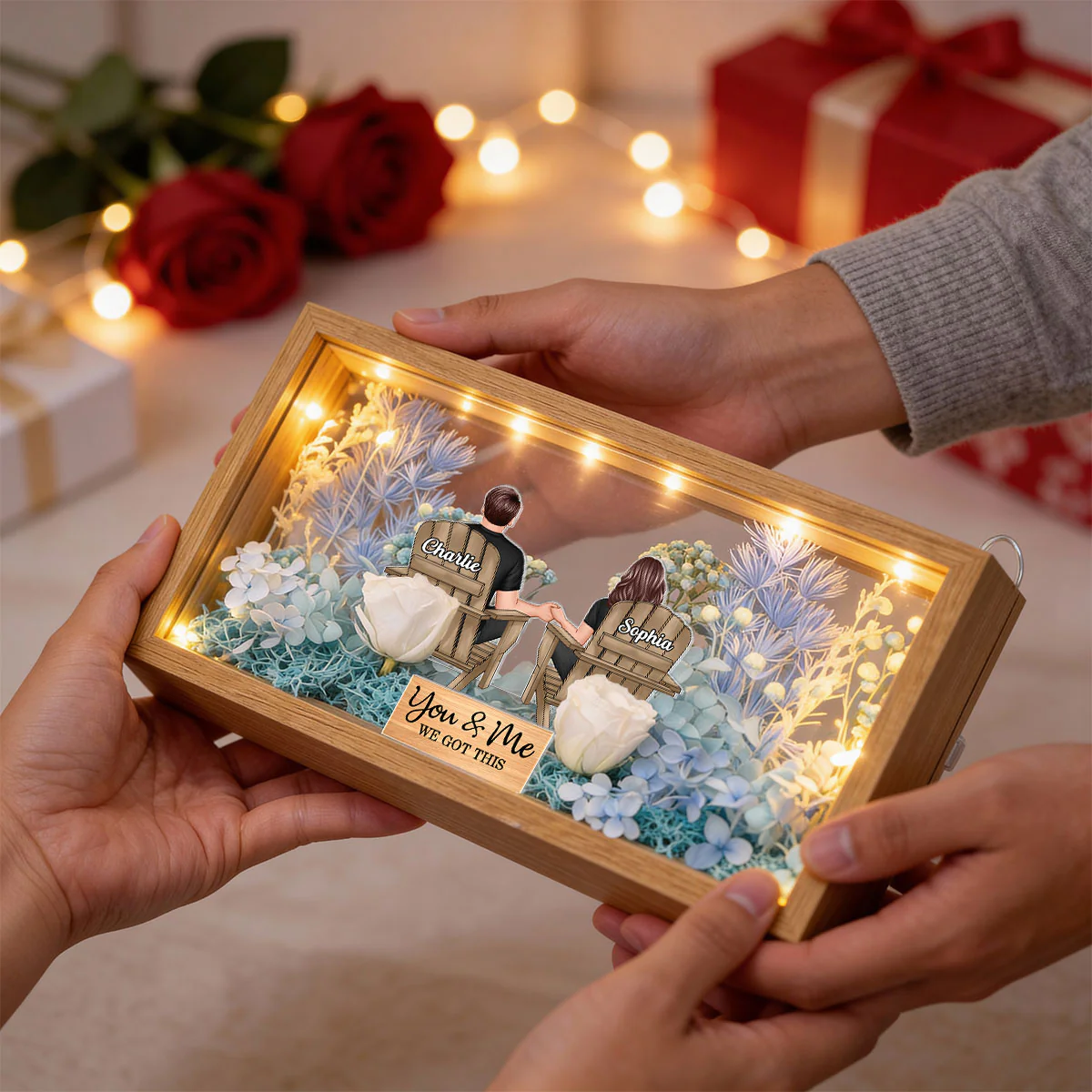 Eternal Love Back View Couple Sitting - Personalized DIY Flower Shadow Box LED Night Light - Gift For Couple, For Him, For Her - Image 10