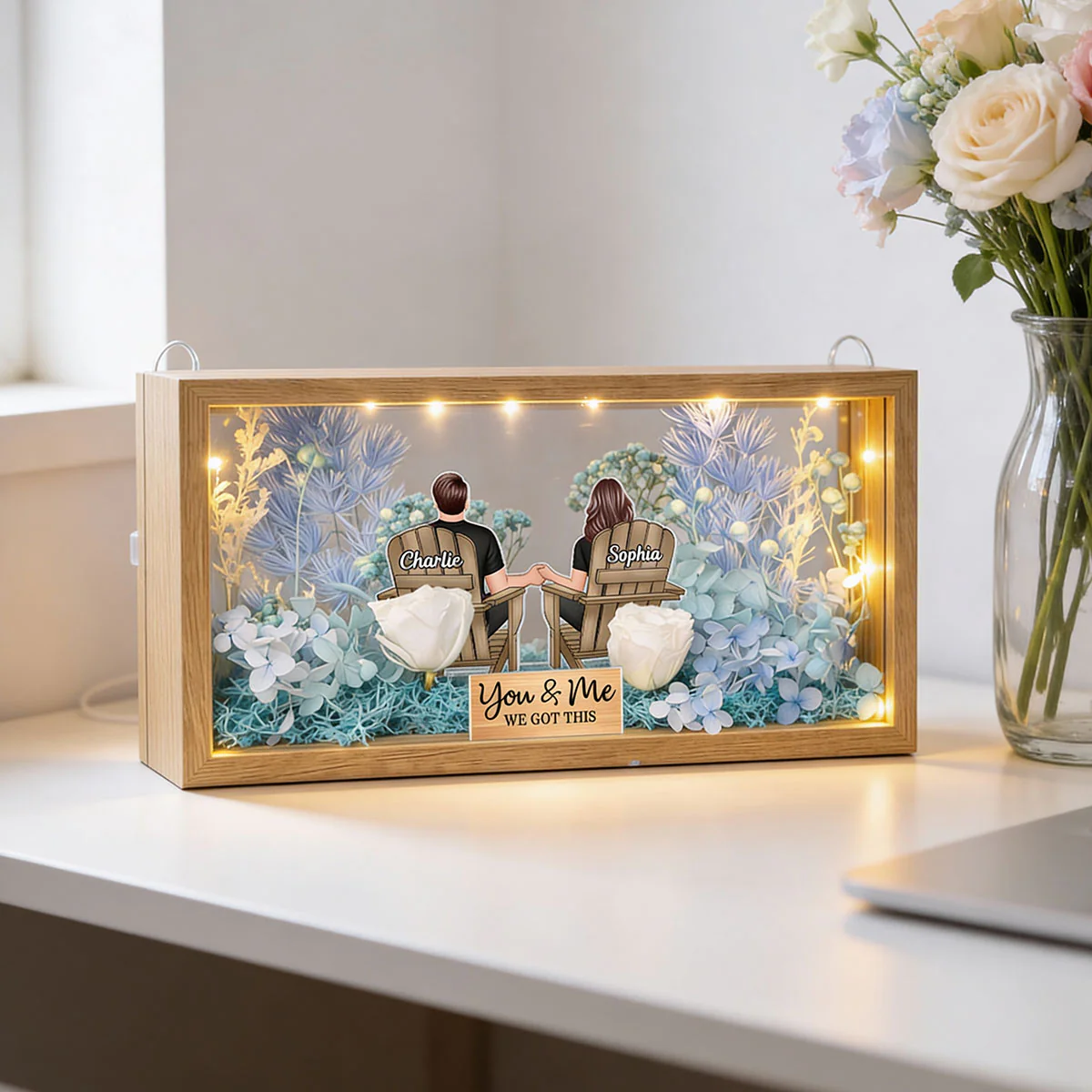 Eternal Love Back View Couple Sitting - Personalized DIY Flower Shadow Box LED Night Light - Gift For Couple, For Him, For Her - Image 12