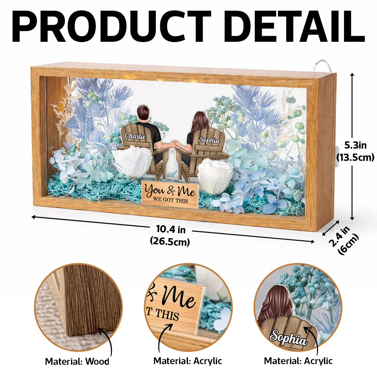 Eternal Love Back View Couple Sitting - Personalized DIY Flower Shadow Box LED Night Light - Gift For Couple, For Him, For Her - Image 17