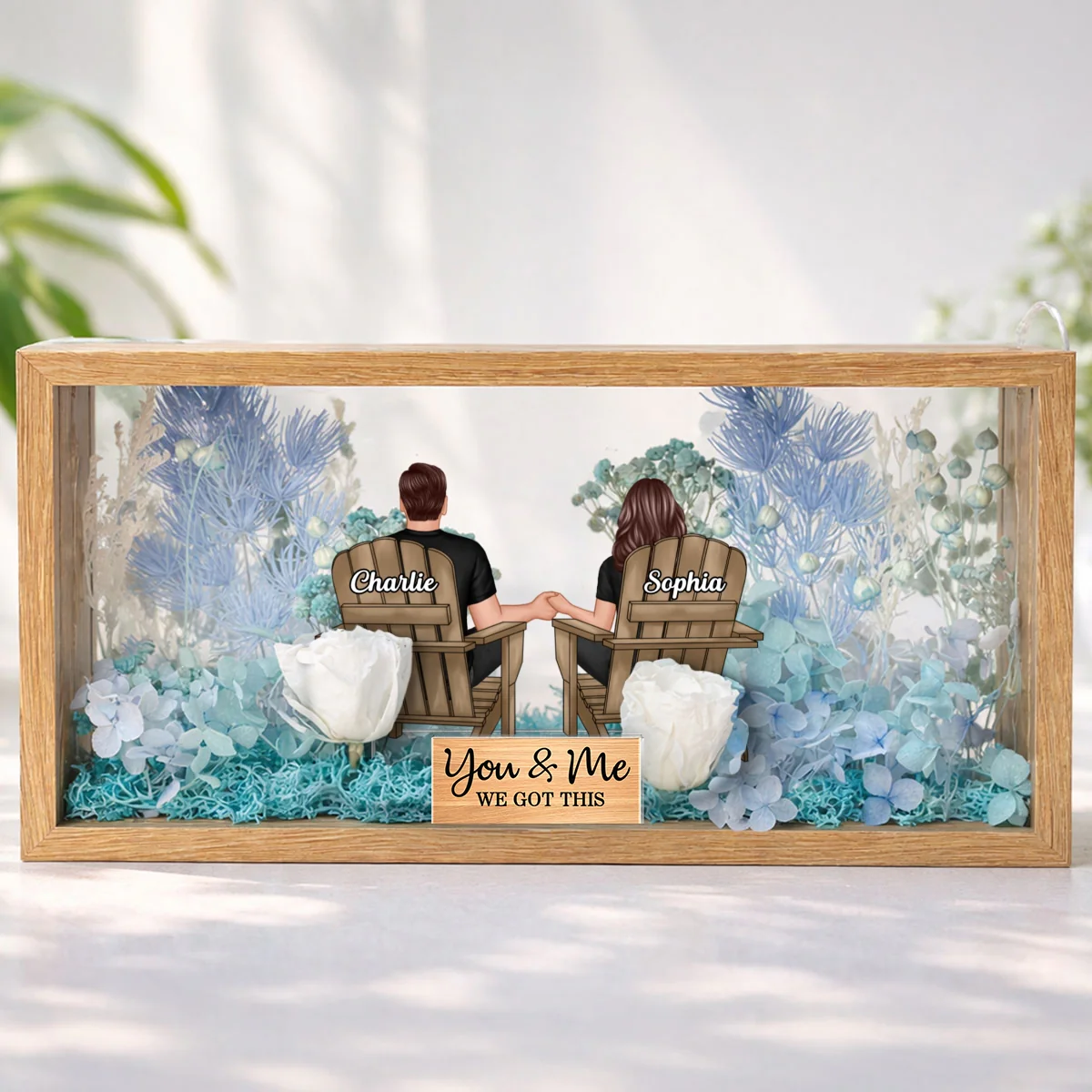 Eternal Love Back View Couple Sitting - Personalized DIY Flower Shadow Box LED Night Light - Gift For Couple, For Him, For Her - Image 18