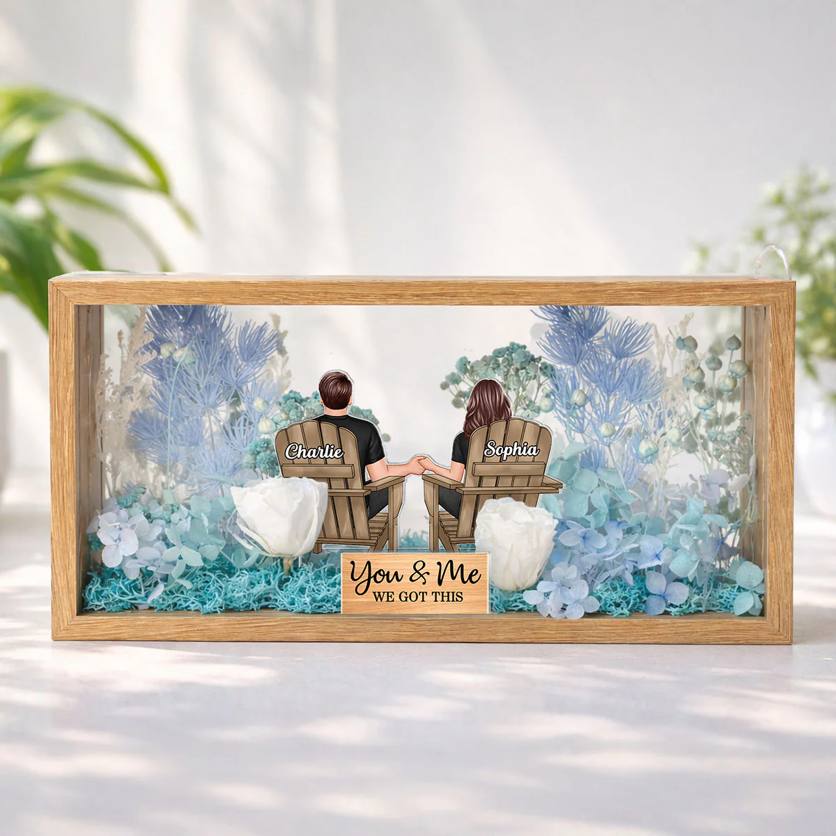 Eternal Love Back View Couple Sitting - Personalized DIY Flower Shadow Box LED Night Light - Gift For Couple, For Him, For Her - Image 2