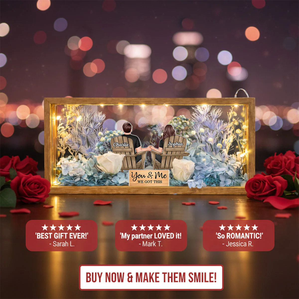 Eternal Love Back View Couple Sitting - Personalized DIY Flower Shadow Box LED Night Light - Gift For Couple, For Him, For Her - Image 3