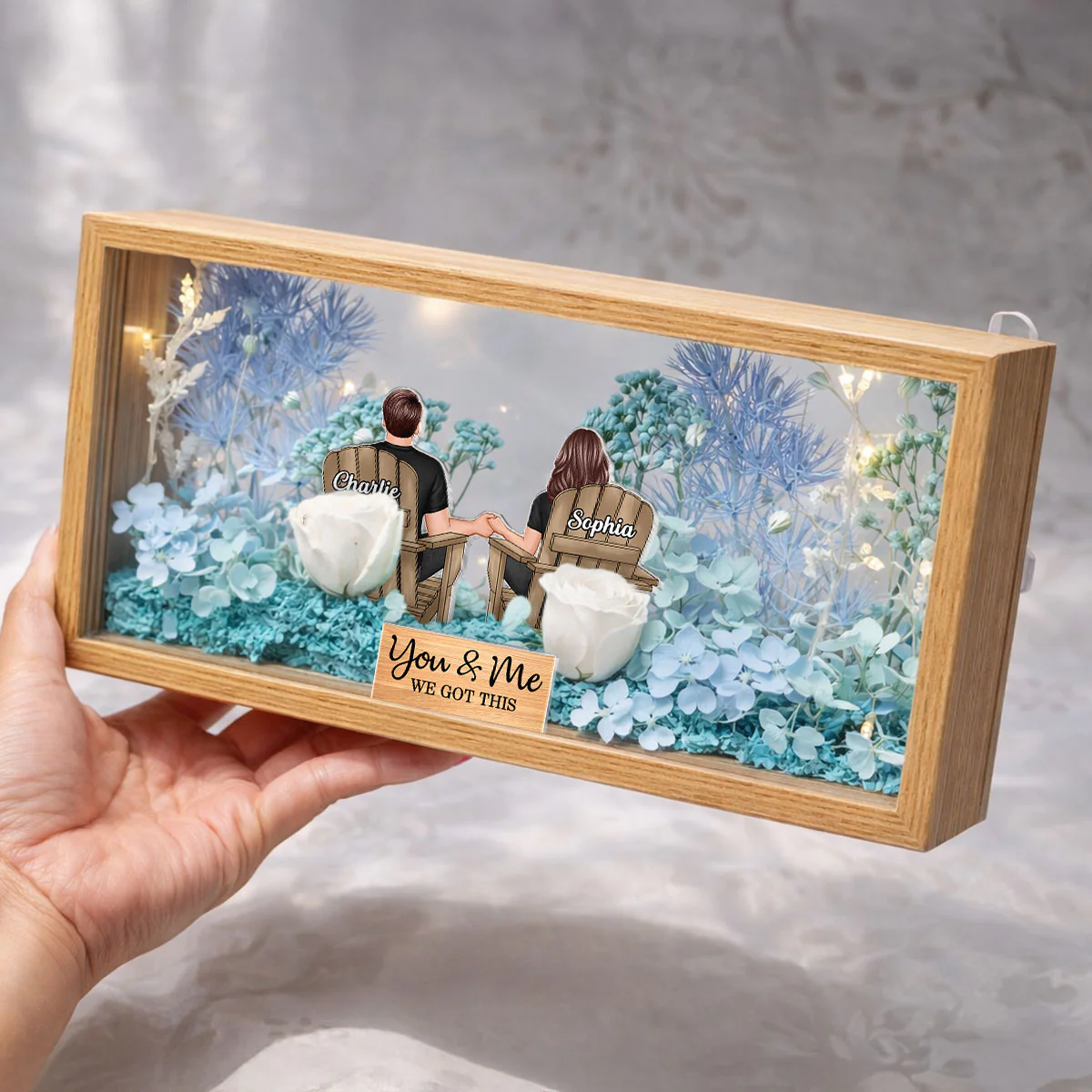 Eternal Love Back View Couple Sitting - Personalized DIY Flower Shadow Box LED Night Light - Gift For Couple, For Him, For Her - Image 5