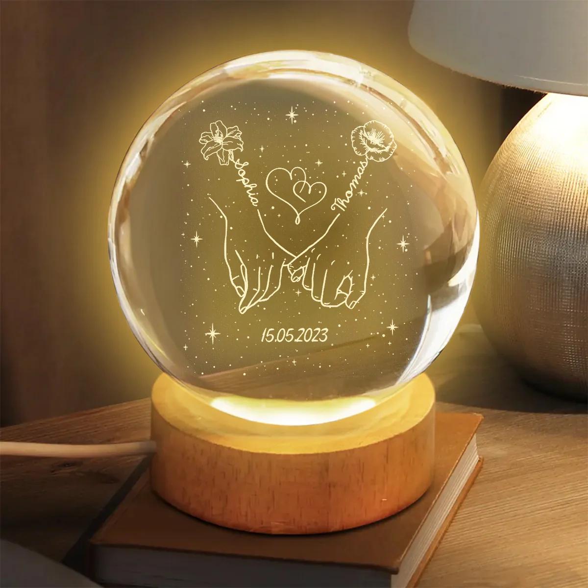Eternal Love Couple Holding Hands Custom Birth Month Flowers - Personalized Crystal Ball LED Night Light - Valentine's Day Gift For Couple - Image 4