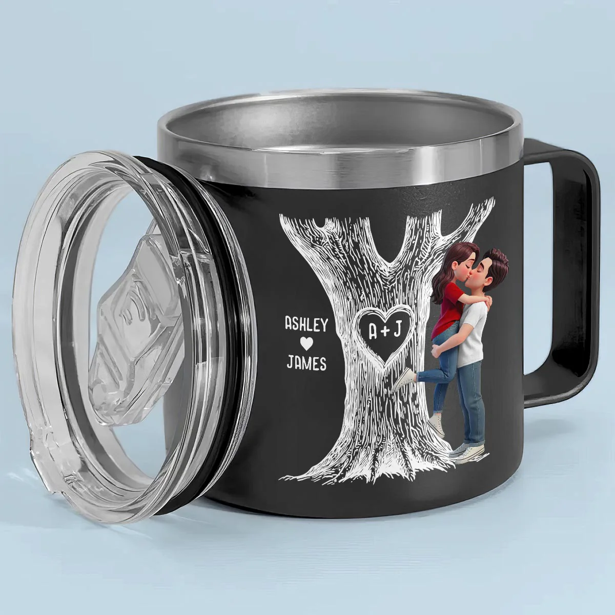 Eternal Love Couple Hugging Kissing Heart Carved Tree Of Love Initials - Personalized Tumbler With Handle - Heartfelt Valentine, Anniversary Gift For Him, For Her - Image 2