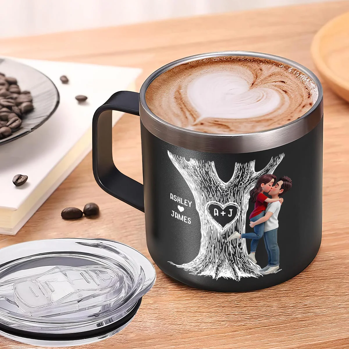 Eternal Love Couple Hugging Kissing Heart Carved Tree Of Love Initials - Personalized Tumbler With Handle - Heartfelt Valentine, Anniversary Gift For Him, For Her - Image 3