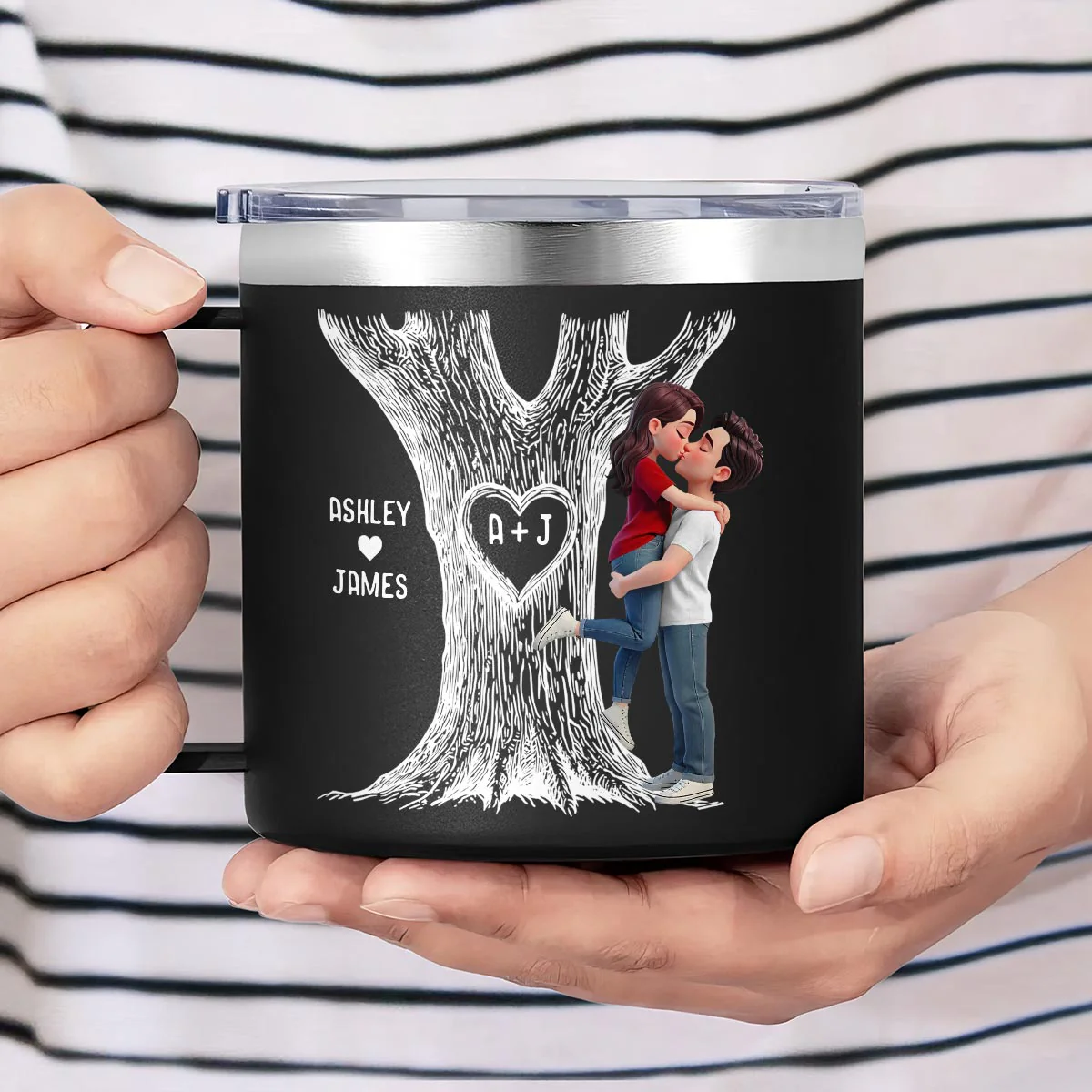 Eternal Love Couple Hugging Kissing Heart Carved Tree Of Love Initials - Personalized Tumbler With Handle - Heartfelt Valentine, Anniversary Gift For Him, For Her - Image 4