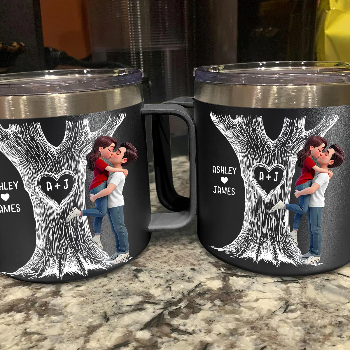 Eternal Love Couple Hugging Kissing Heart Carved Tree Of Love Initials - Personalized Tumbler With Handle - Heartfelt Valentine, Anniversary Gift For Him, For Her - Image 6