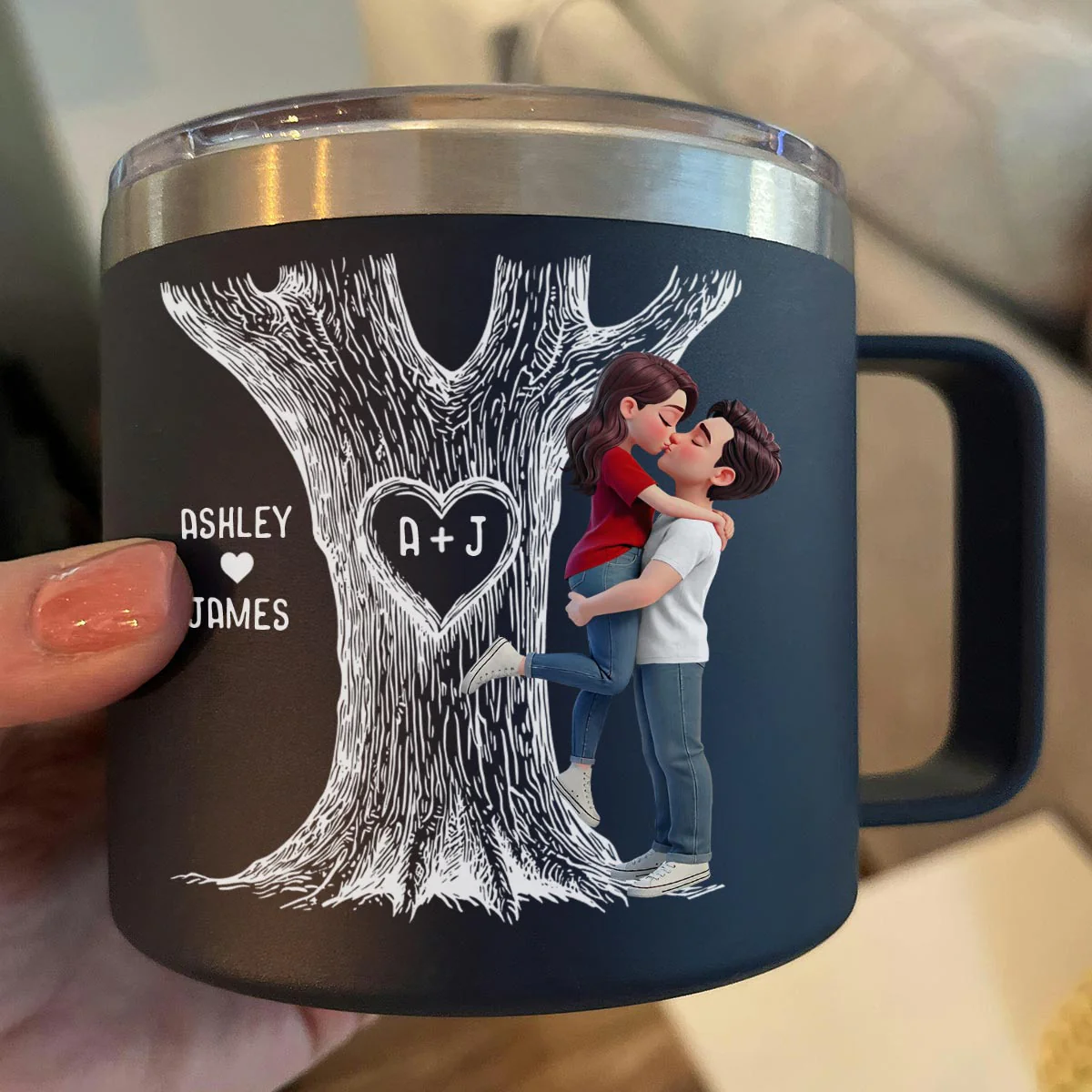 Eternal Love Couple Hugging Kissing Heart Carved Tree Of Love Initials - Personalized Tumbler With Handle - Heartfelt Valentine, Anniversary Gift For Him, For Her - Image 7