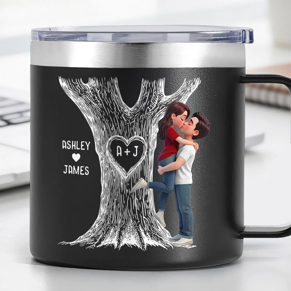 Eternal Love Couple Hugging Kissing Heart Carved Tree Of Love Initials - Personalized Tumbler With Handle - Heartfelt Valentine, Anniversary Gift For Him, For Her - Image 8
