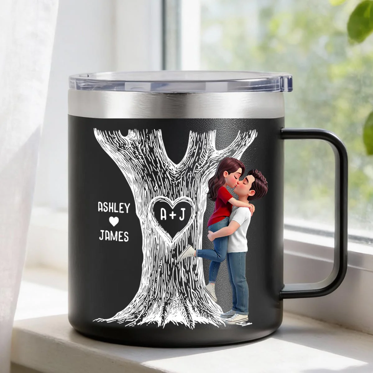 Eternal Love Couple Hugging Kissing Heart Carved Tree Of Love Initials - Personalized Tumbler With Handle - Heartfelt Valentine, Anniversary Gift For Him, For Her - Image 9