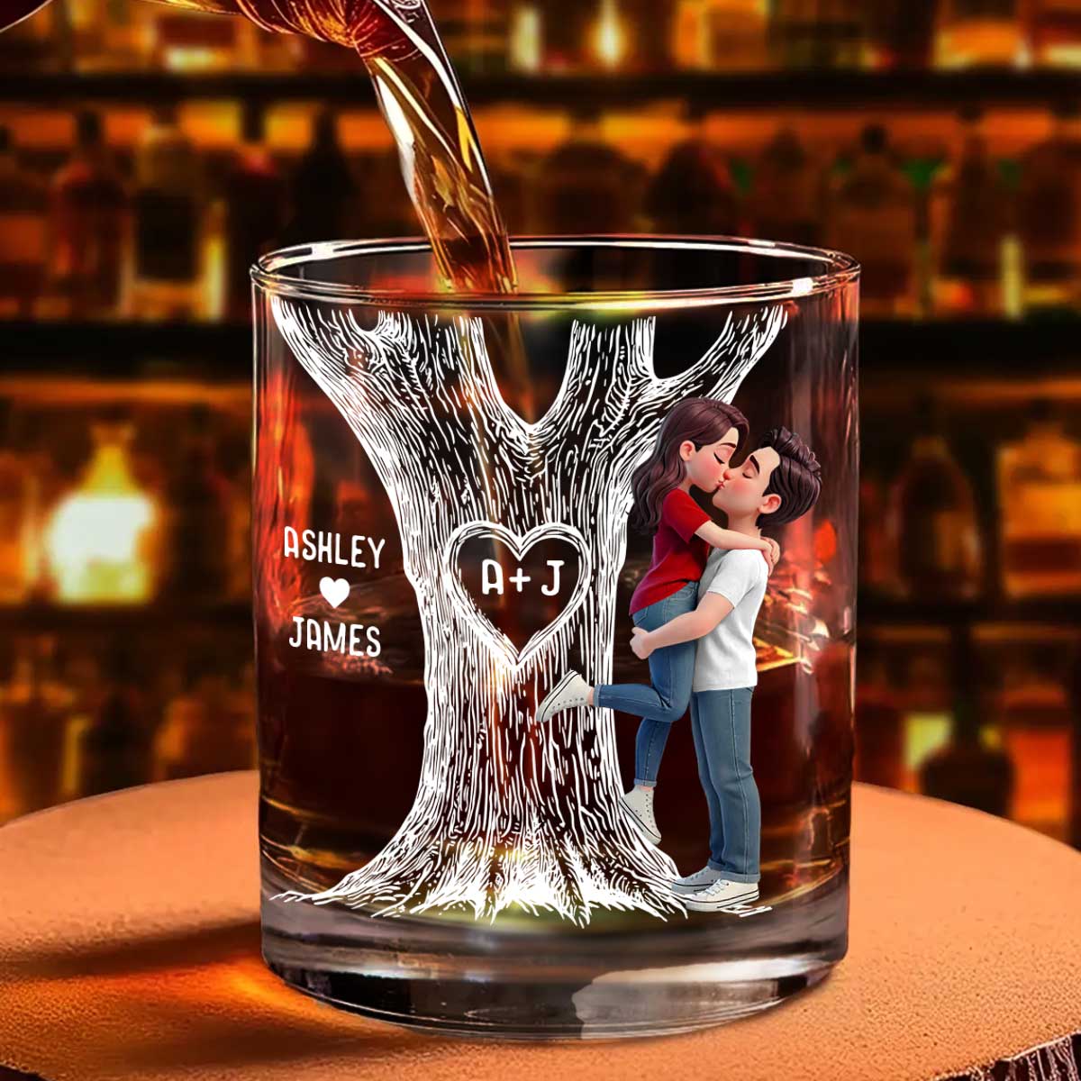 Eternal Love Couple Hugging Kissing Tree Of Love - Personalized Whiskey Glass, Wine Glass - Heartfelt Valentine, Anniversary Gift For Him, For Her - Image 2