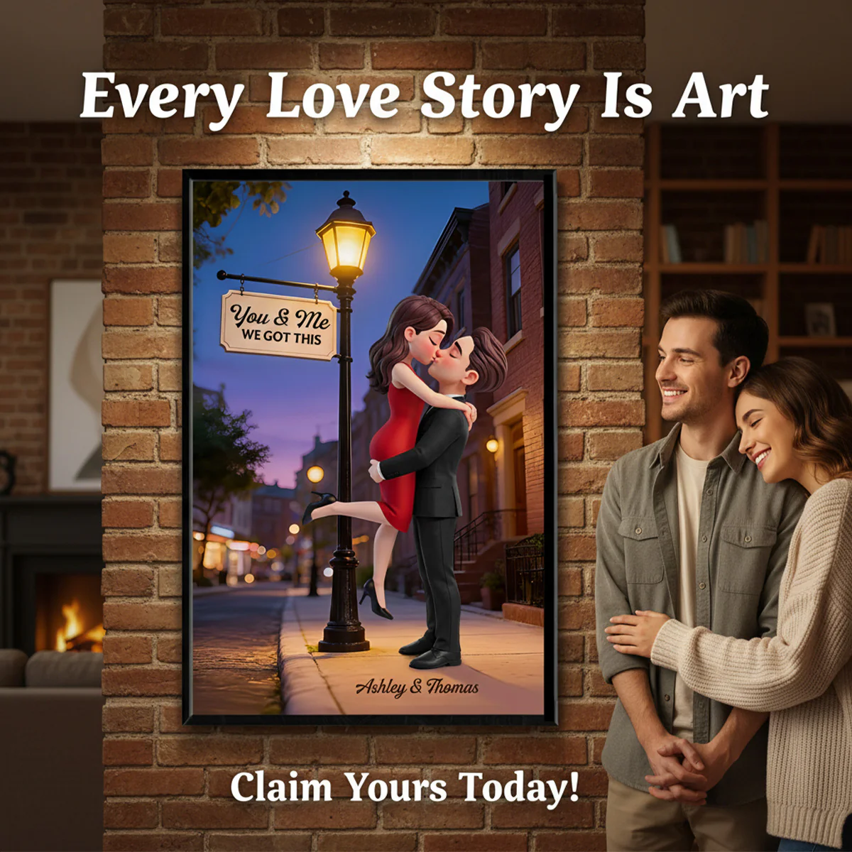 Eternal Love Couple Hugging Kissing Under Street Lamp Post - Personalized Poster - Valentine's Day Gift For Couple - Image 4