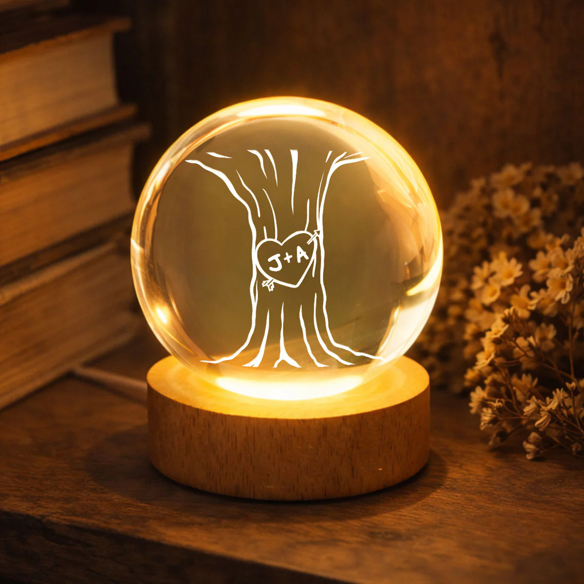 Eternal Love Couple Initial Names Heart Carved Tree - Personalized Crystal Ball LED Night Light - Valentine's Day Gift For Couple - Image 14
