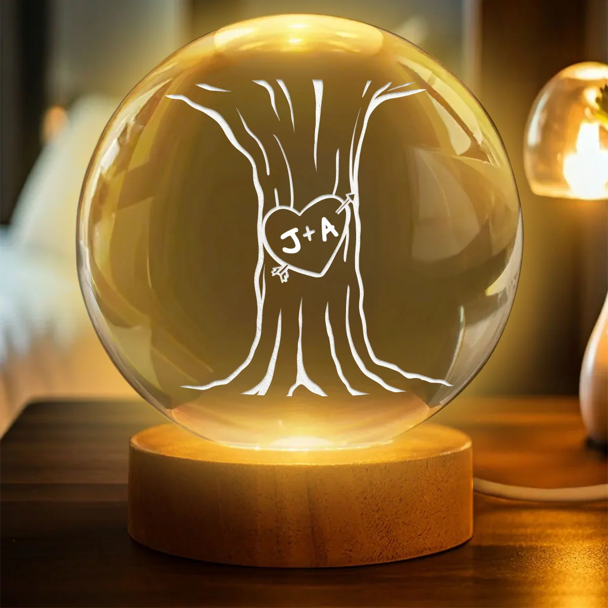 Eternal Love Couple Initial Names Heart Carved Tree - Personalized Crystal Ball LED Night Light - Valentine's Day Gift For Couple - Image 16