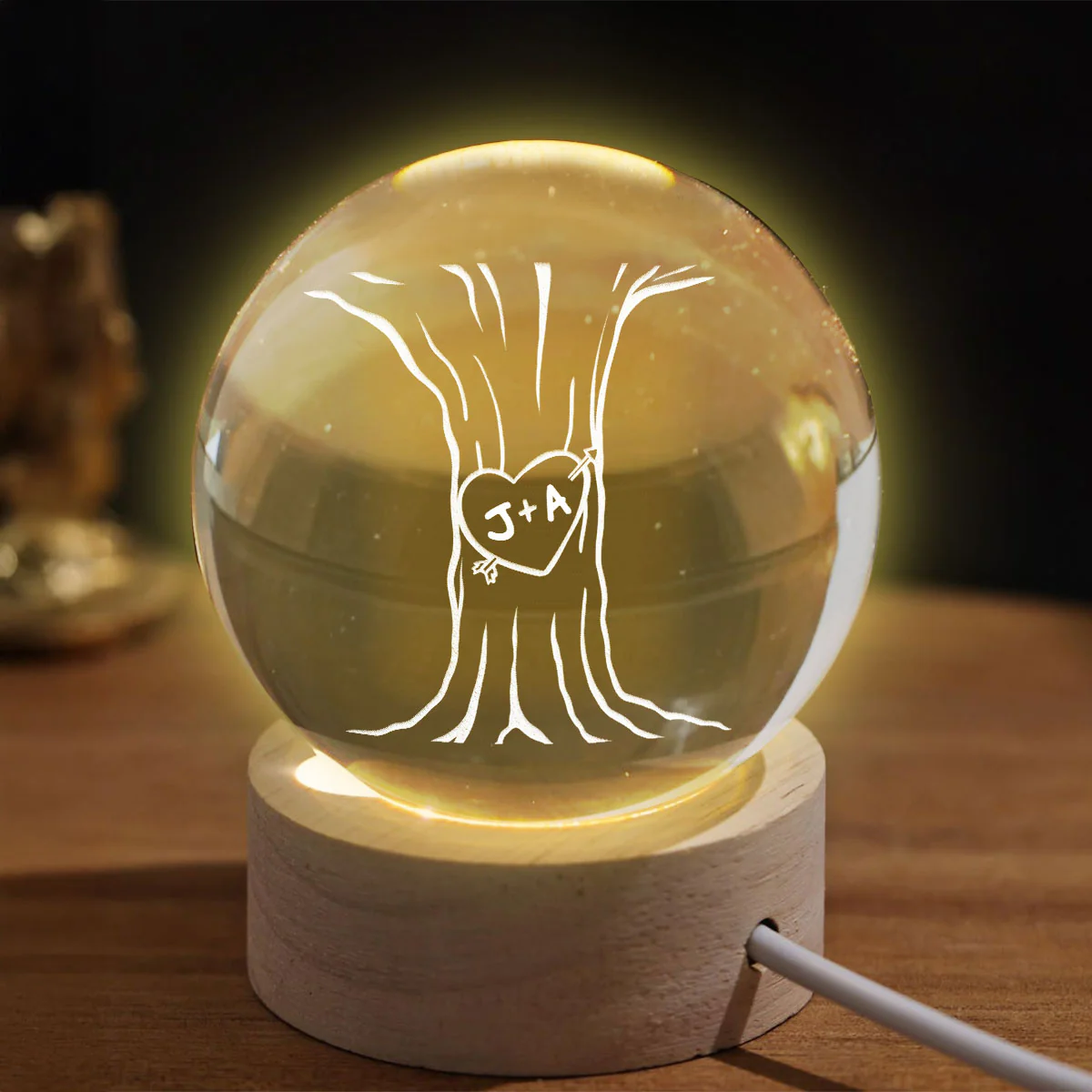Eternal Love Couple Initial Names Heart Carved Tree - Personalized Crystal Ball LED Night Light - Valentine's Day Gift For Couple - Image 9