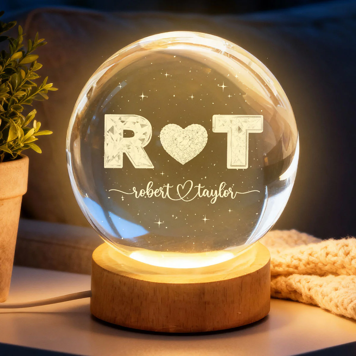 Eternal Love Couple Initial Names - Personalized Crystal Ball LED Night Light - Valentine's Day Gift For Couple, For Her, For Him