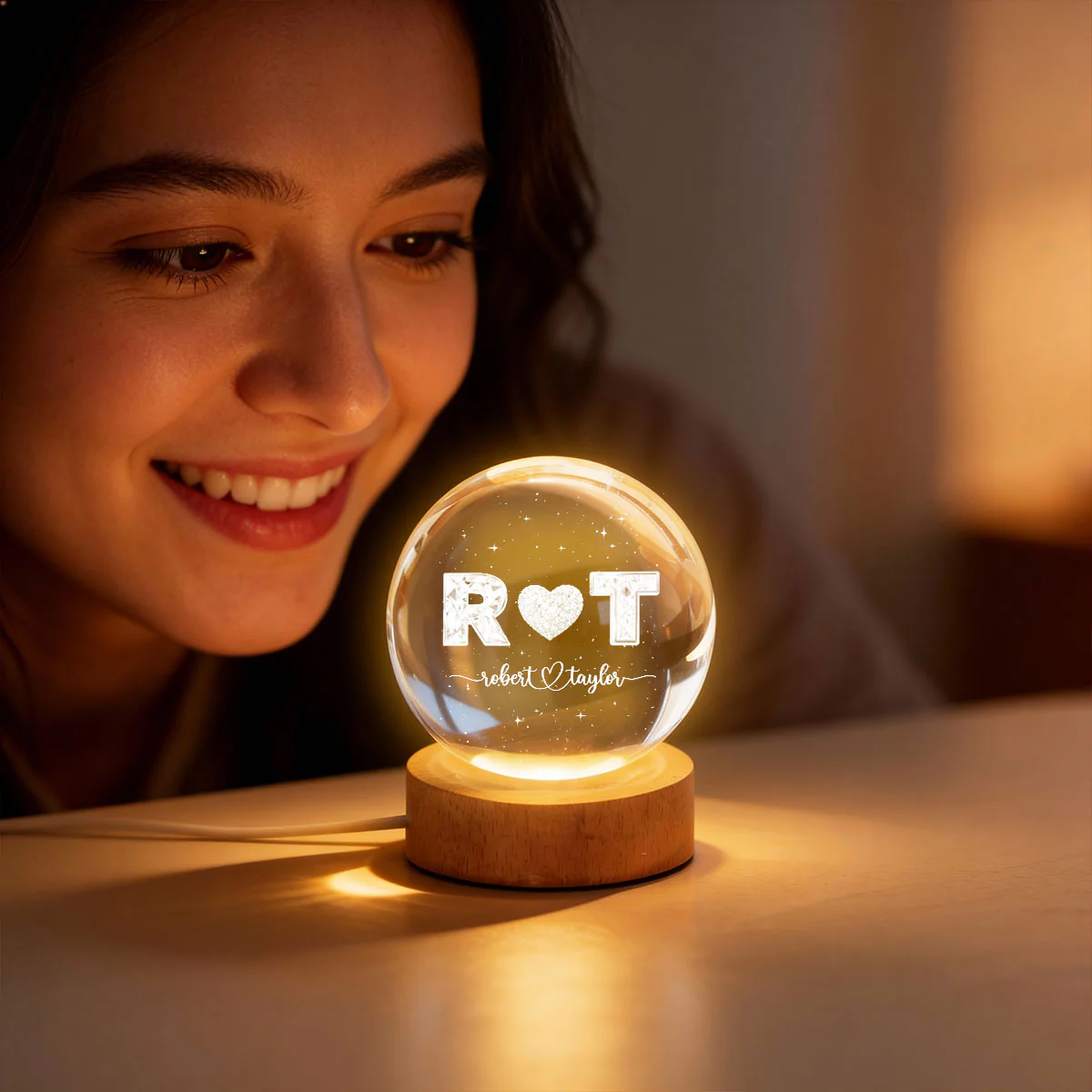 Eternal Love Couple Initial Names - Personalized Crystal Ball LED Night Light - Valentine's Day Gift For Couple, For Her, For Him - Image 11