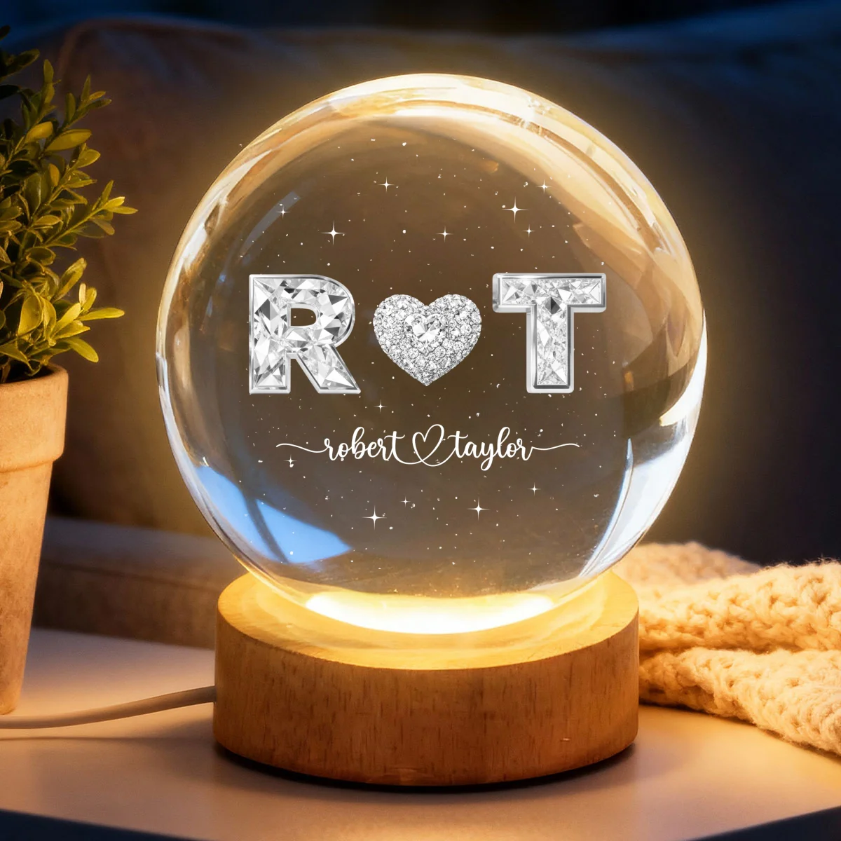 Eternal Love Couple Initial Names - Personalized Crystal Ball LED Night Light - Valentine's Day Gift For Couple, For Her, For Him - Image 15