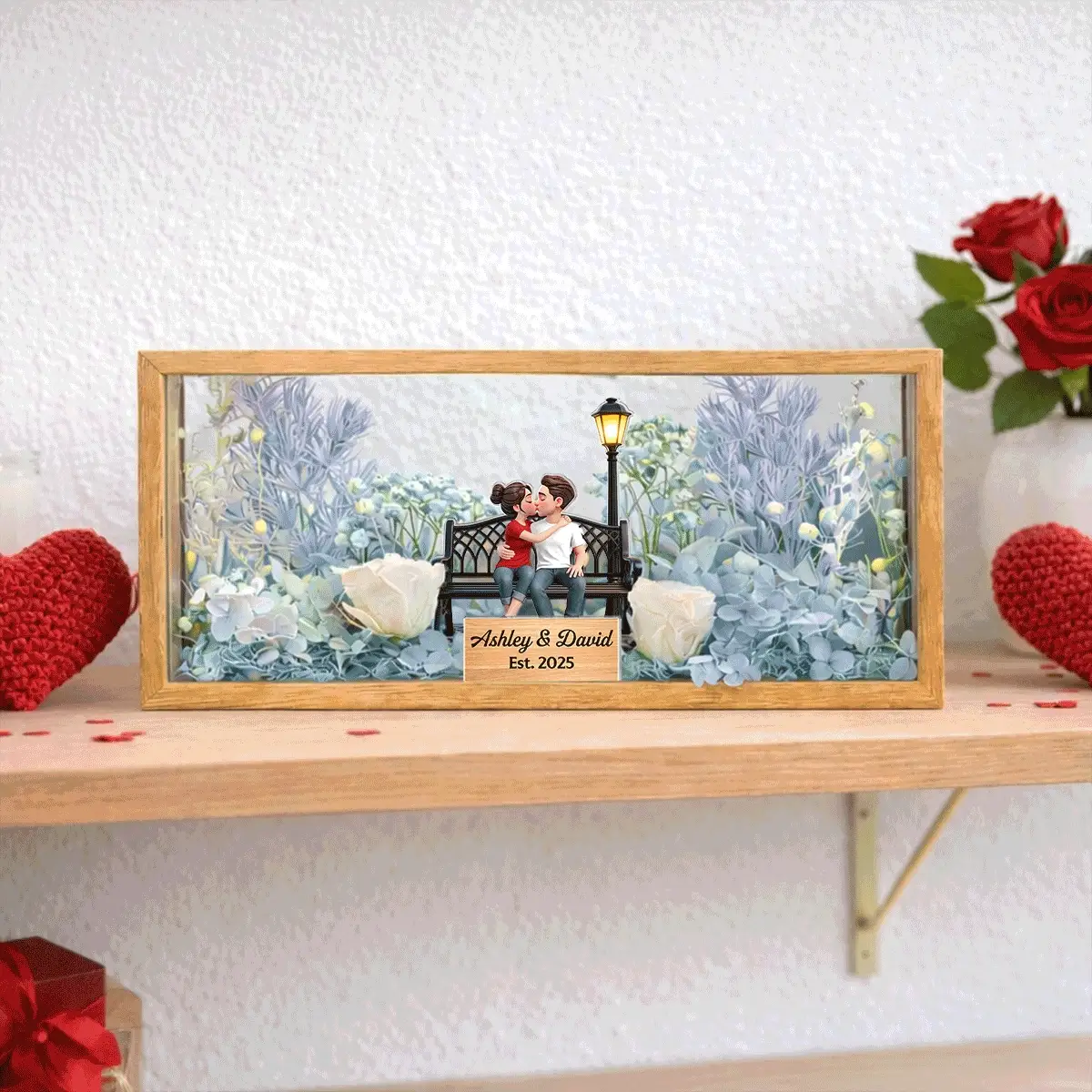 Eternal Love Couple Sitting Kissing - Personalized DIY Flower Shadow Box LED Night Light - Gift For Couple, For Him, For Her