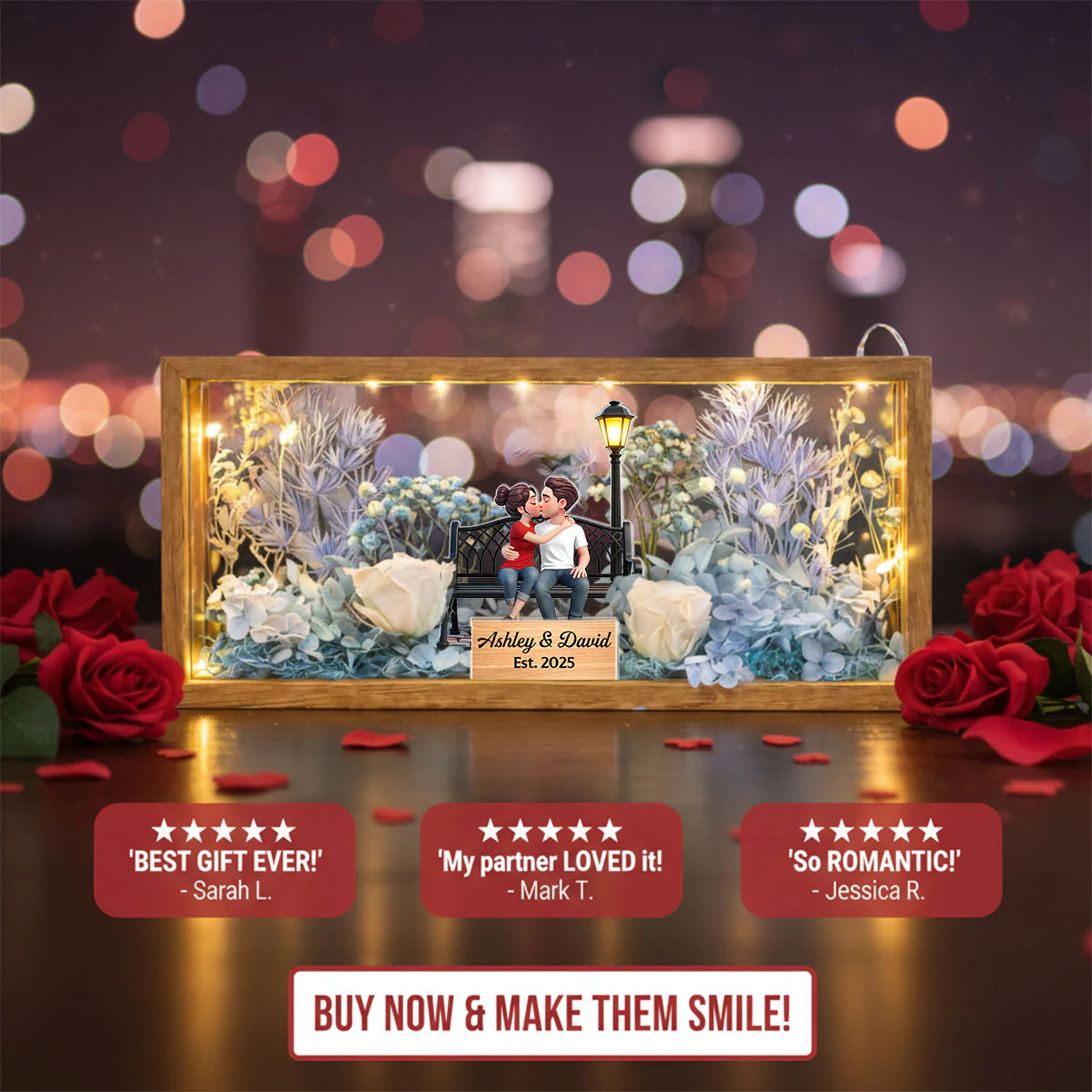 Eternal Love Couple Sitting Kissing - Personalized DIY Flower Shadow Box LED Night Light - Gift For Couple, For Him, For Her - Image 11
