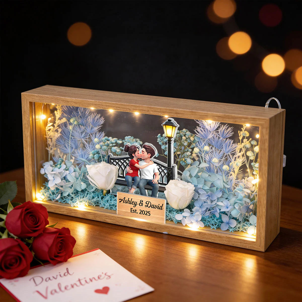 Eternal Love Couple Sitting Kissing - Personalized DIY Flower Shadow Box LED Night Light - Gift For Couple, For Him, For Her - Image 12