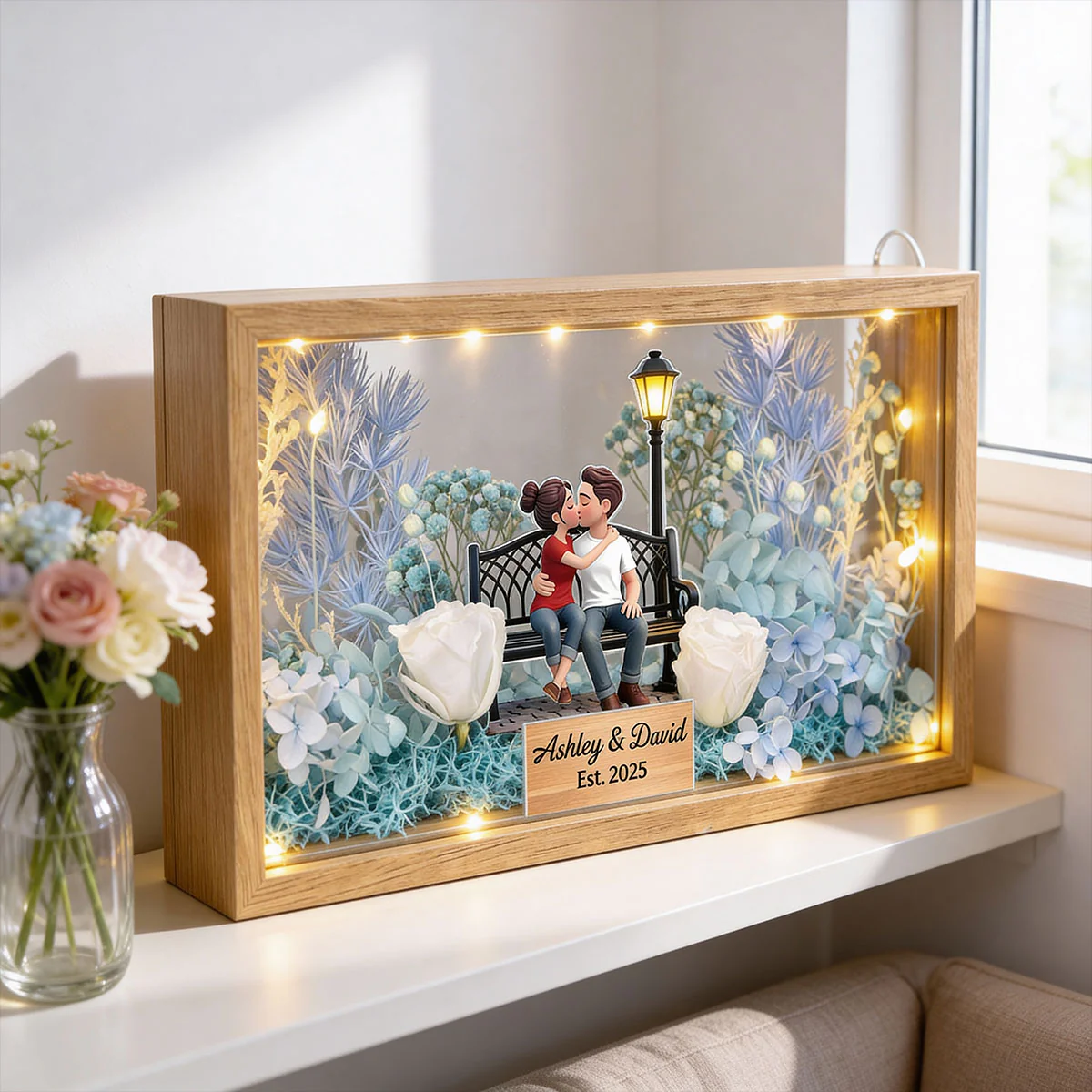 Eternal Love Couple Sitting Kissing - Personalized DIY Flower Shadow Box LED Night Light - Gift For Couple, For Him, For Her - Image 13