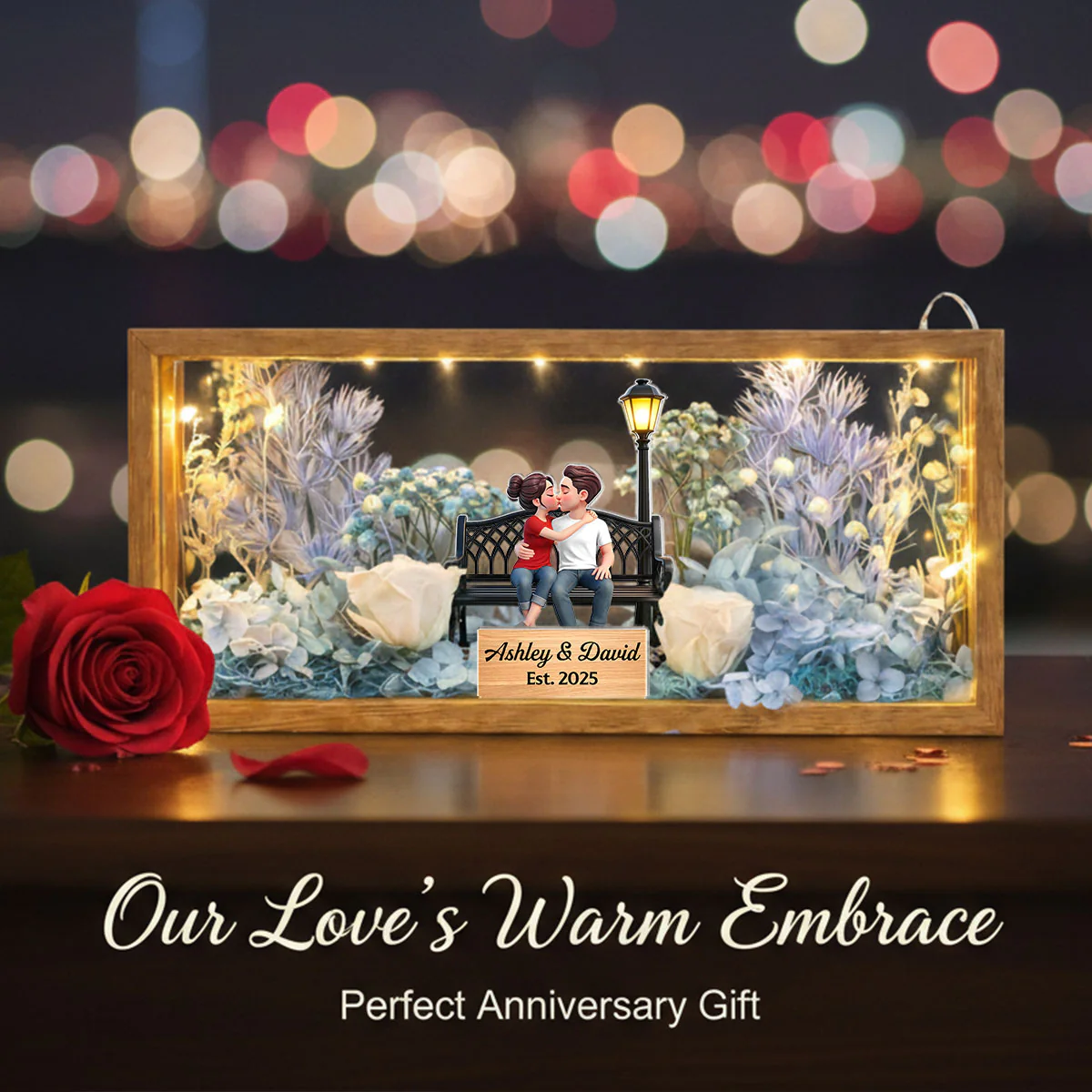 Eternal Love Couple Sitting Kissing - Personalized DIY Flower Shadow Box LED Night Light - Gift For Couple, For Him, For Her - Image 15