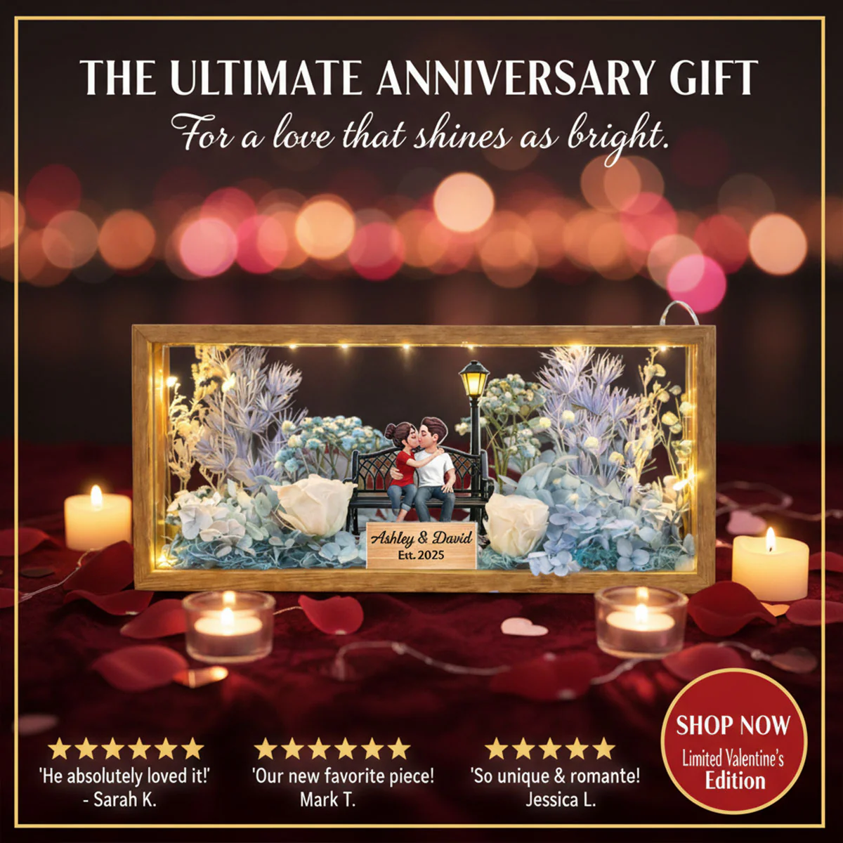 Eternal Love Couple Sitting Kissing - Personalized DIY Flower Shadow Box LED Night Light - Gift For Couple, For Him, For Her - Image 16