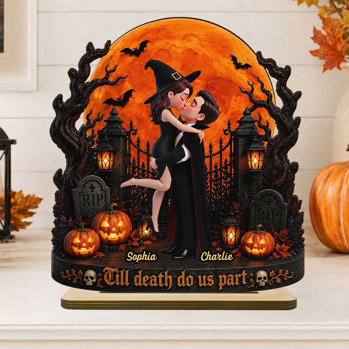 Eternal Love Couple Under Halloween Moon Light - Personalized 2-Layered Wooden Plaque - Halloween Gift For Couple