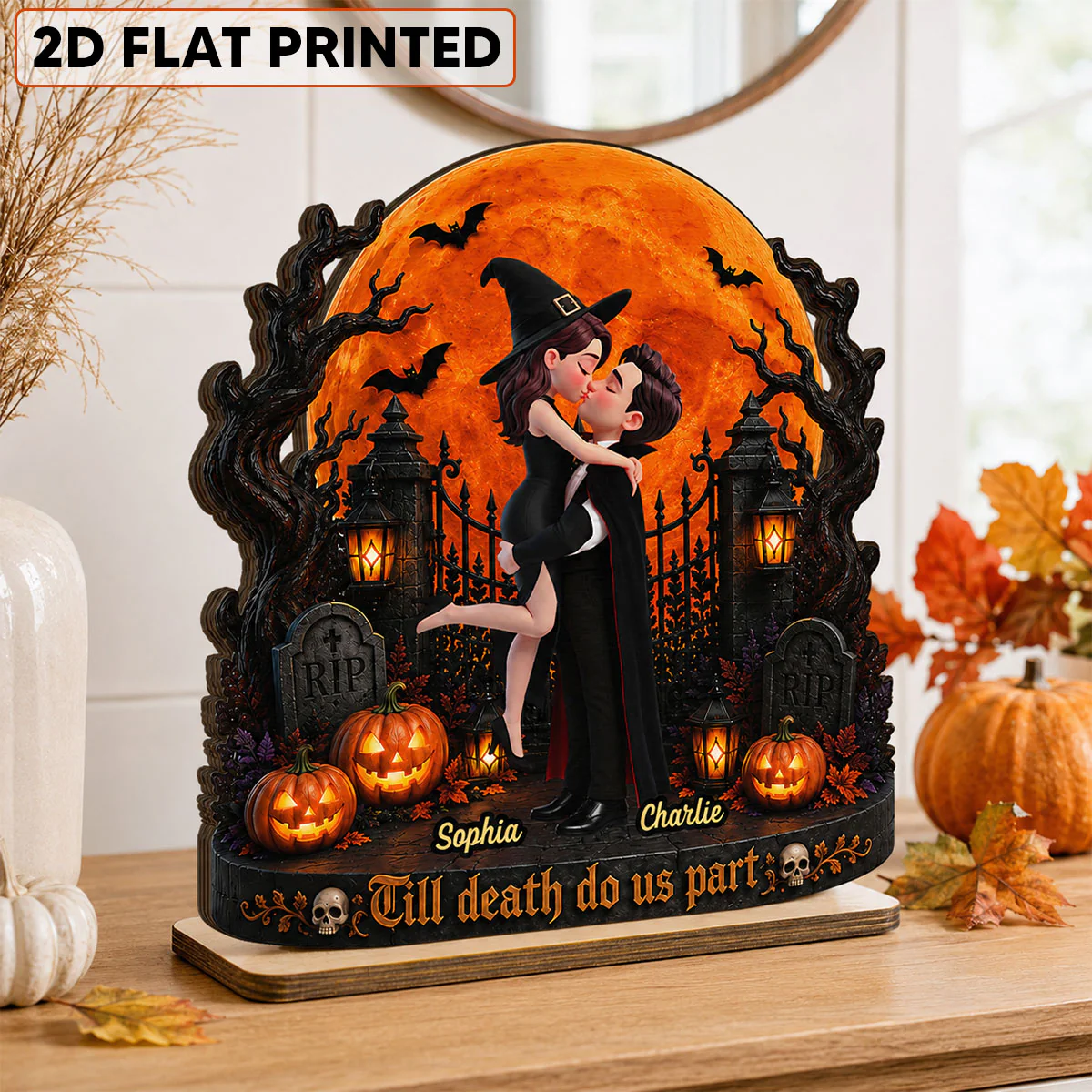 Eternal Love Couple Under Halloween Moon Light - Personalized 2-Layered Wooden Plaque - Halloween Gift For Couple - Image 2